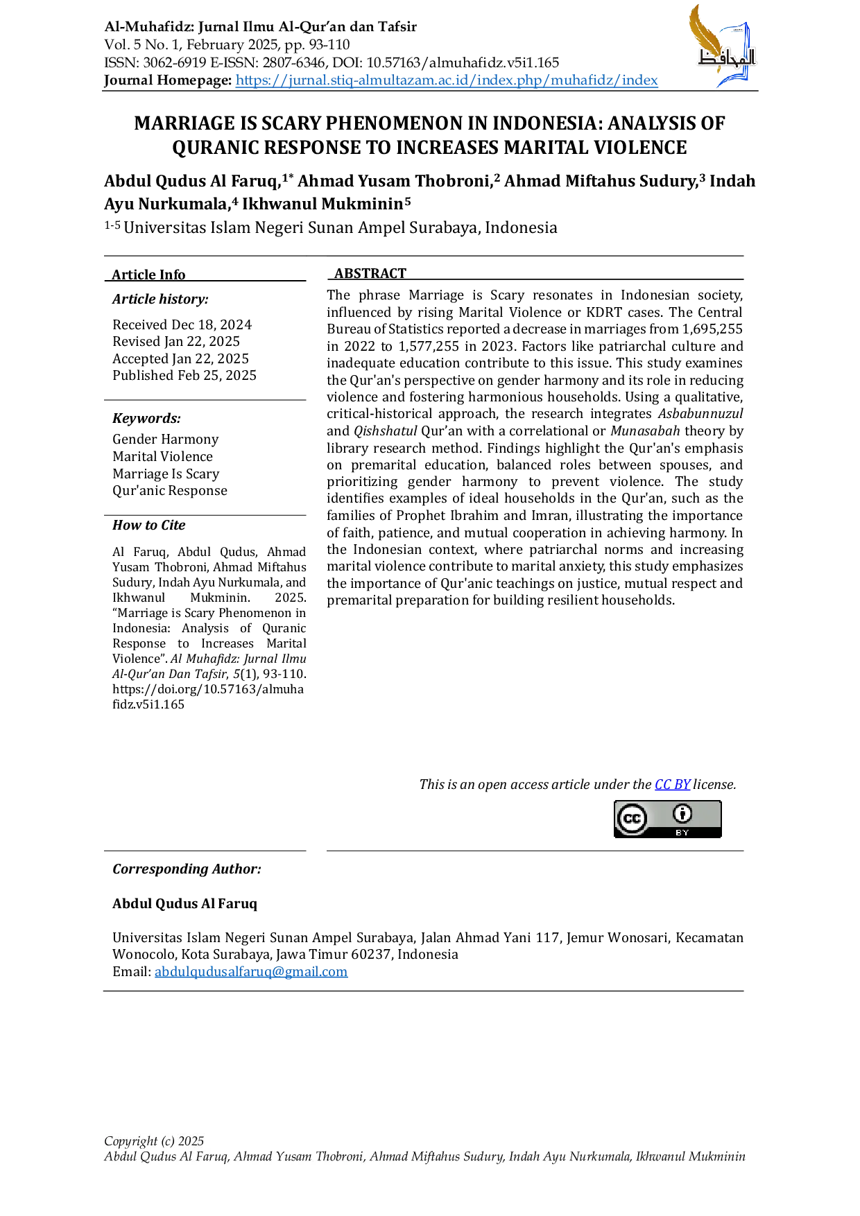 JURIS Marriage Is Scary Phenomenon In Indonesia Analysis Of Quranic Response To Increases Marital Violence