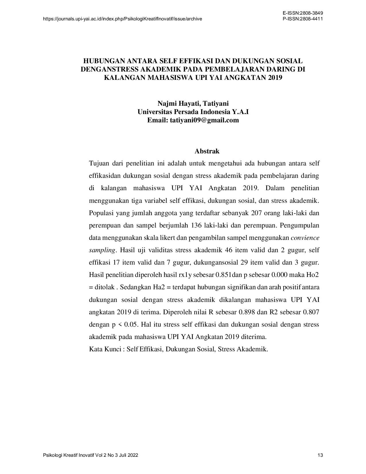 JURIS Hubungan Antara Self Effikasi dan Dukungan Sosial dengan Stress Akademik pada Pembelajaran Daring di Kalangan Mahasiswa UPI YAI Angkatan 2019