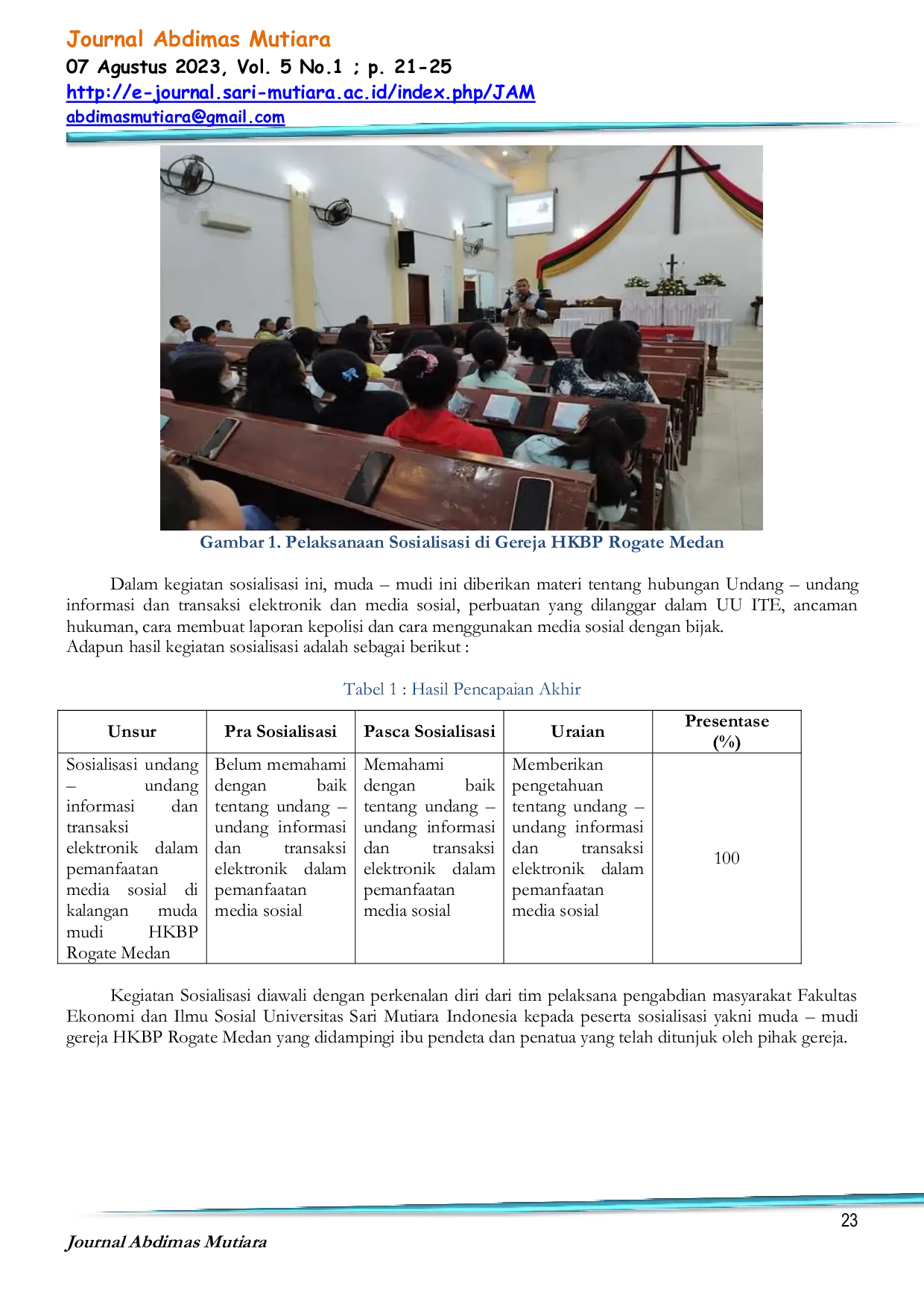 JURIS Sosialisasi Undang Udang Informasi dan Transaksi Elektronik Dalam Pemanfaatan Media Sosial di Kalangan Muda Mudi HKBP Rogate Medan