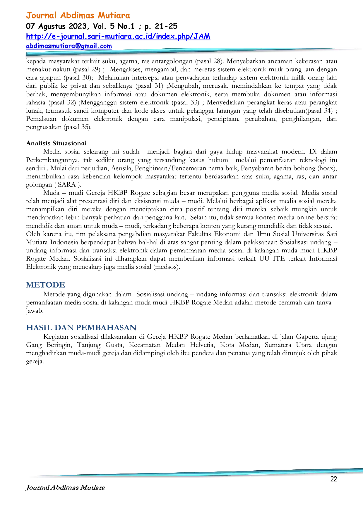 JURIS Sosialisasi Undang Udang Informasi dan Transaksi Elektronik Dalam Pemanfaatan Media Sosial di Kalangan Muda Mudi HKBP Rogate Medan