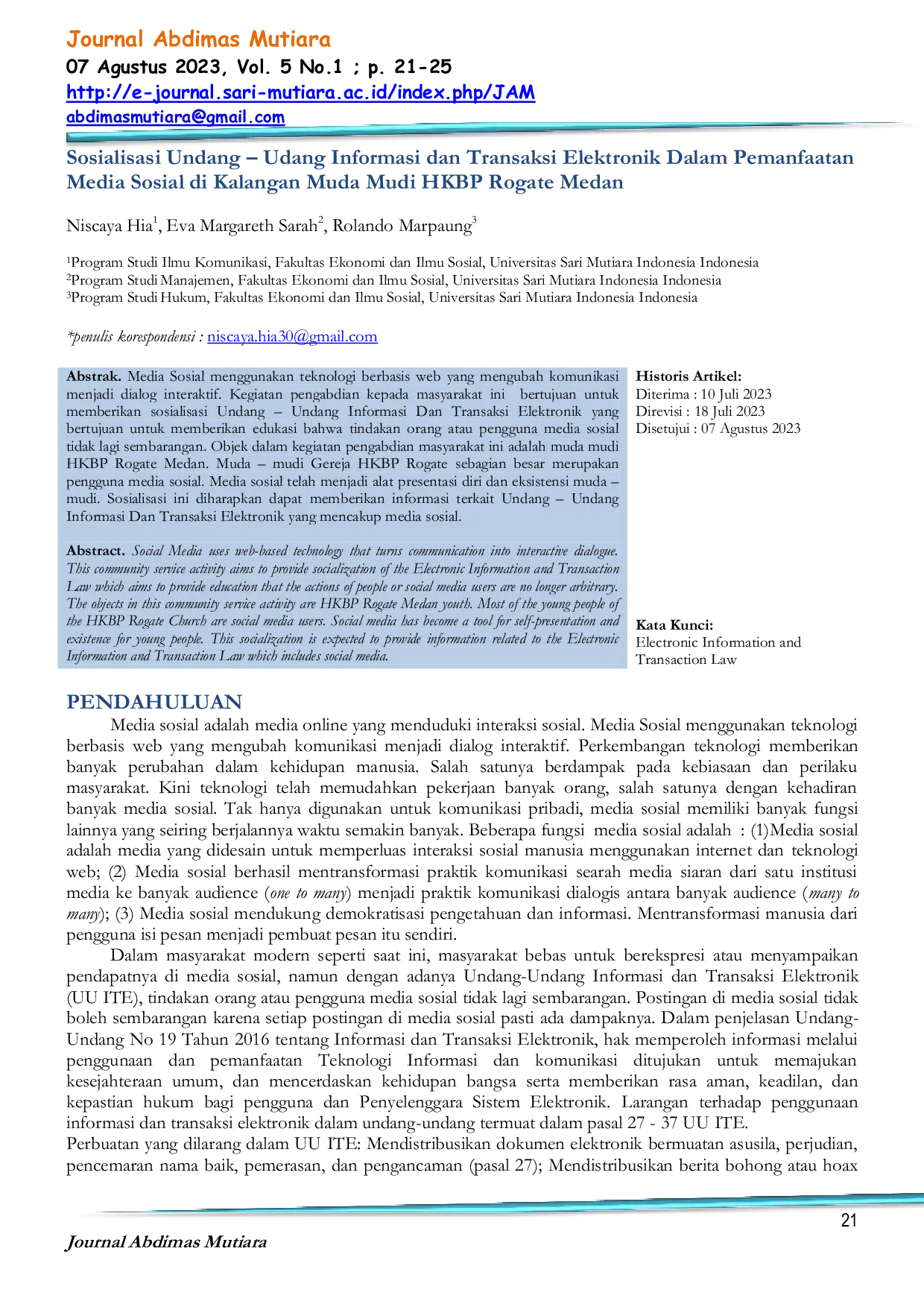 JURIS Sosialisasi Undang Udang Informasi dan Transaksi Elektronik Dalam Pemanfaatan Media Sosial di Kalangan Muda Mudi HKBP Rogate Medan