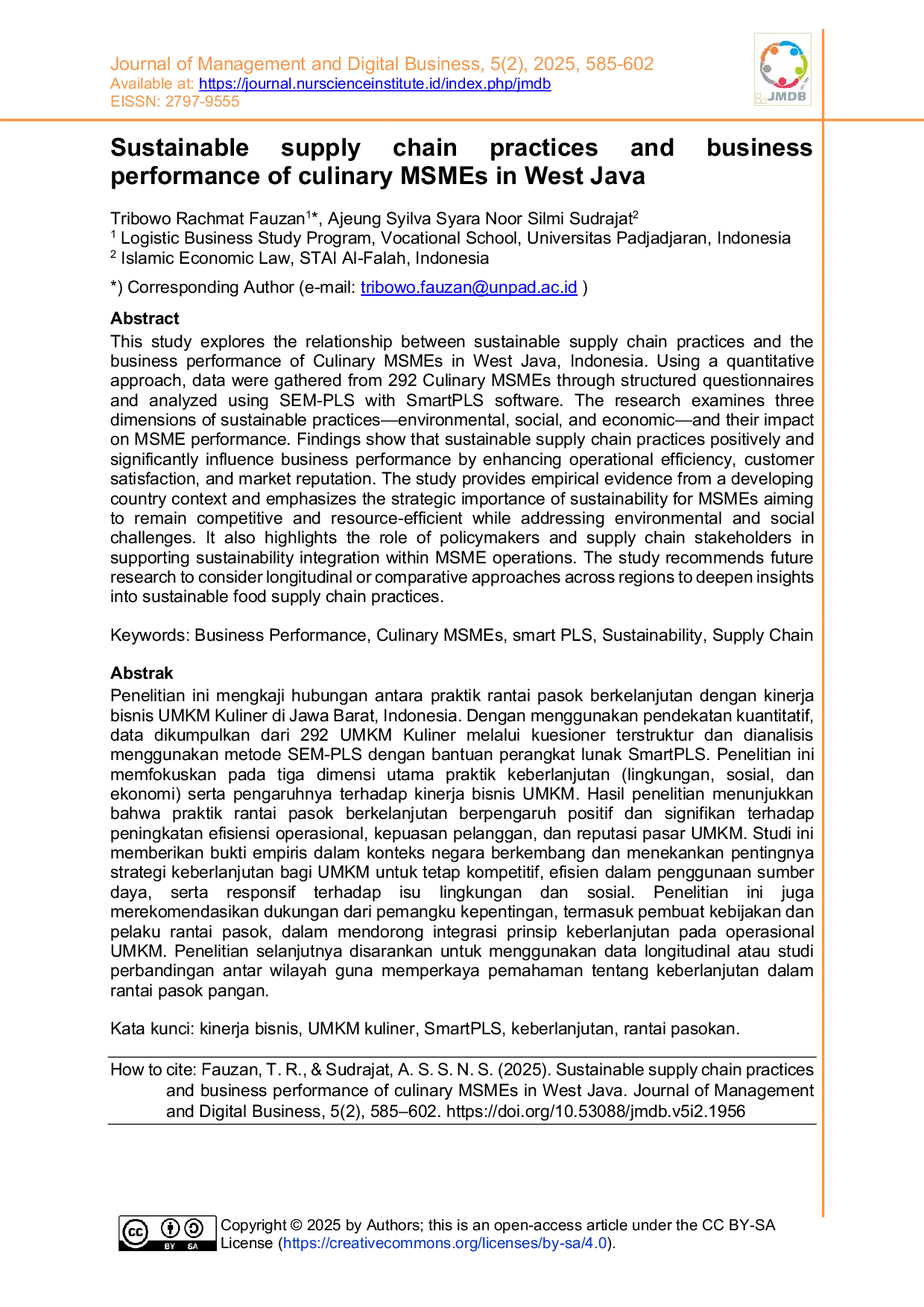 JURIS Sustainable supply chain practices and business performance of culinary MSMEs in West Java