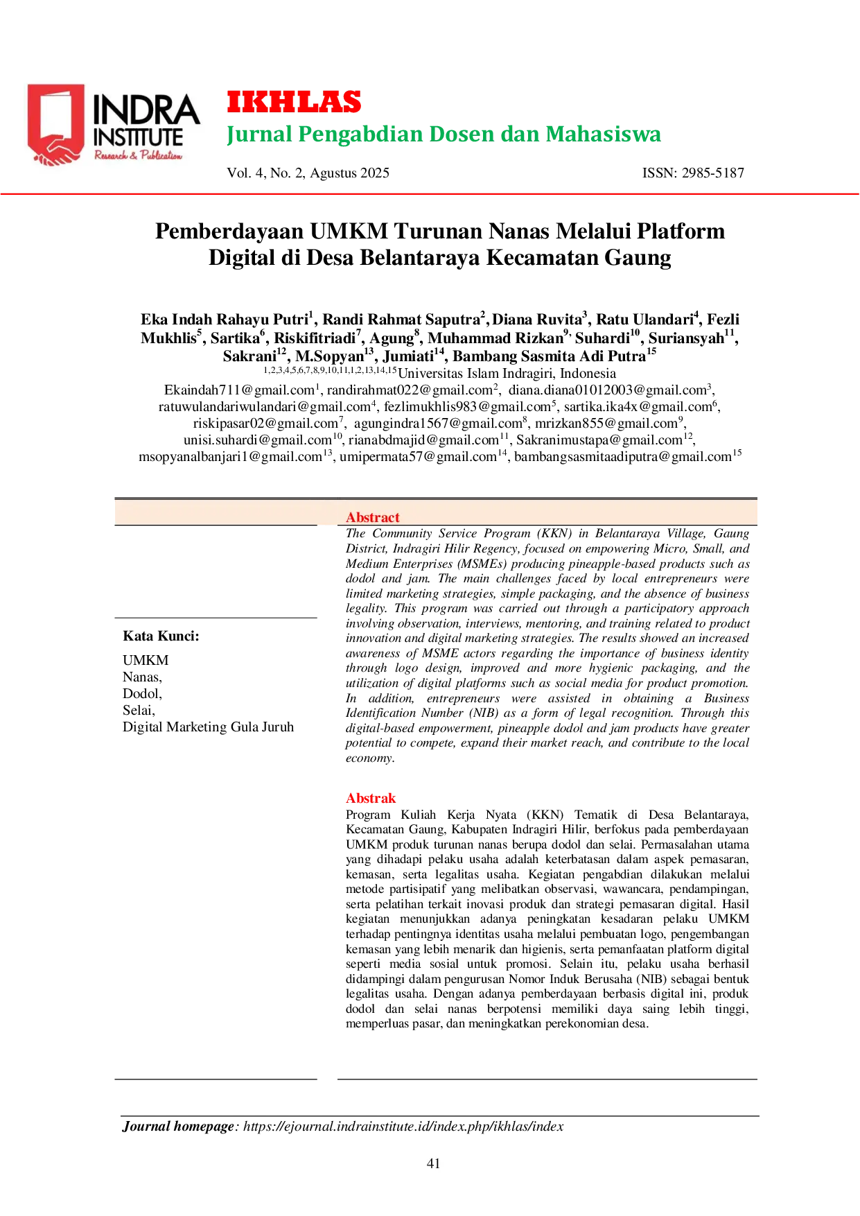 JURIS Pemberdayaan UMKM Turunan Nanas Melalui Platform Digital di Desa Belantaraya Kecamatan Gaung