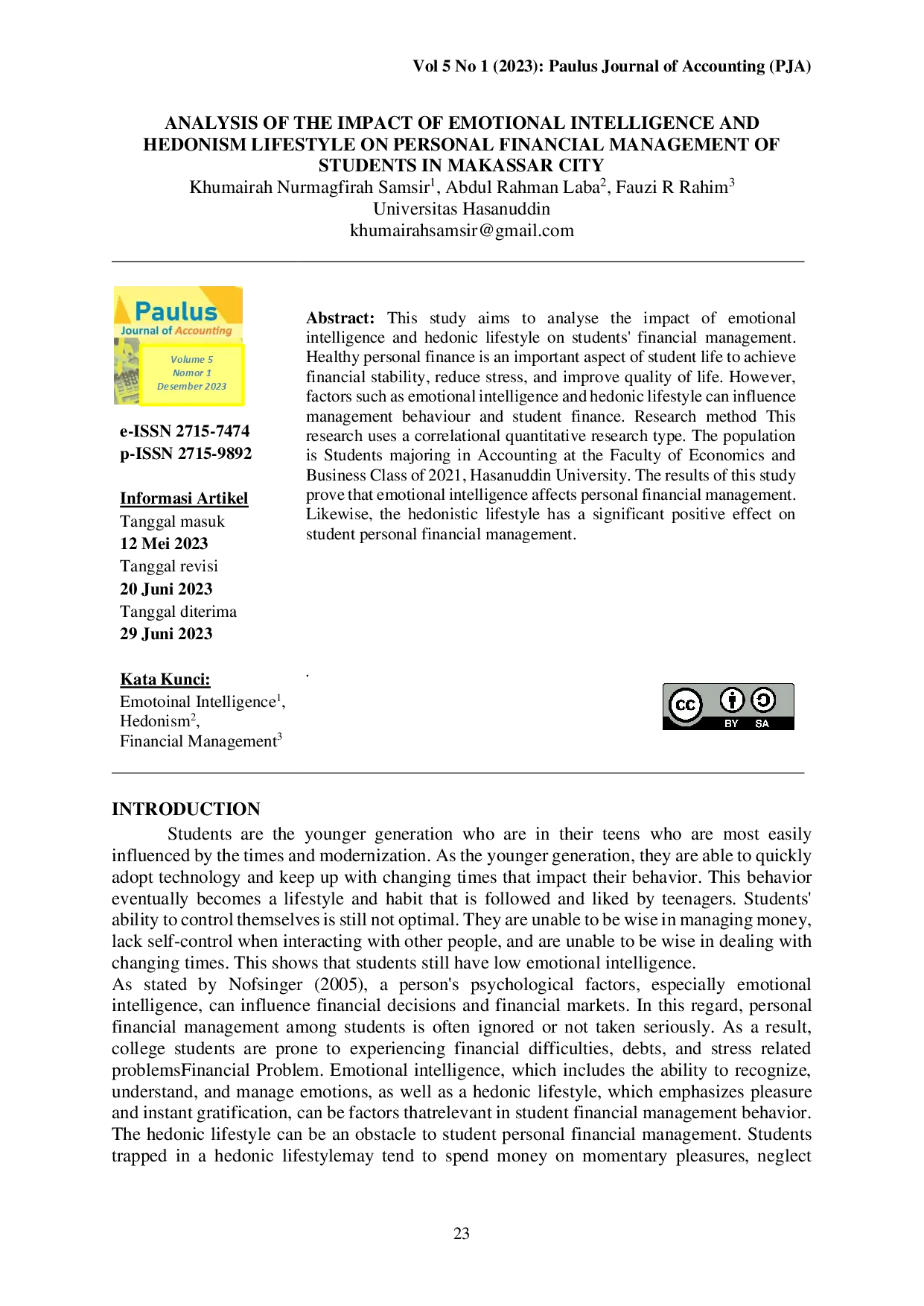 juris Analisis Dampak Intelijen Emosional Dan Gaya Hidup Hedonisme Terhadap Pengelolaan Keuangan Pribadi Mahasiswa Di Kota Makassar