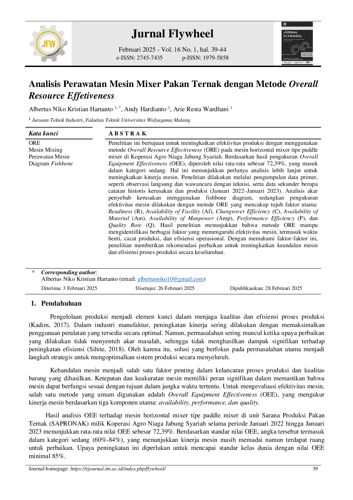 JURIS Analisis Perawatan Mesin Mixer Pakan Ternak dengan Metode Overall Resource Effetiveness