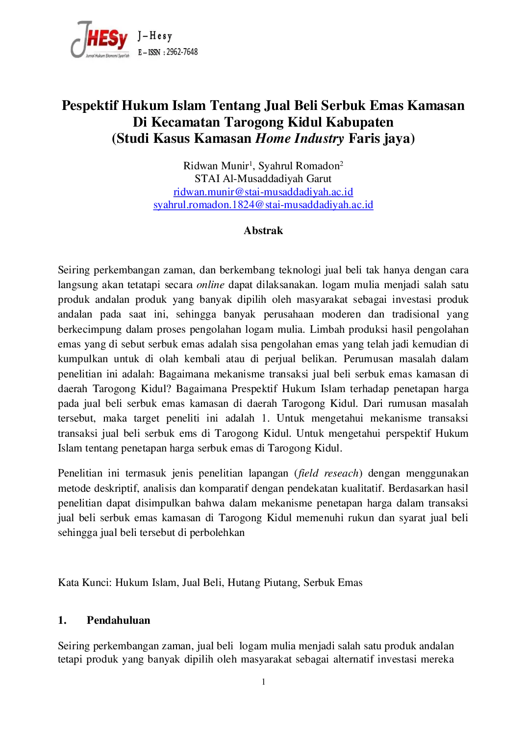 JURIS Perspektif Hukum Islam Tentang Jual Beli Serbuk Emas Kamasan Di Kecamatan Tarogong Kidul Kabupaten Studi Kasus Kamasan Home Industry Faris Jaya