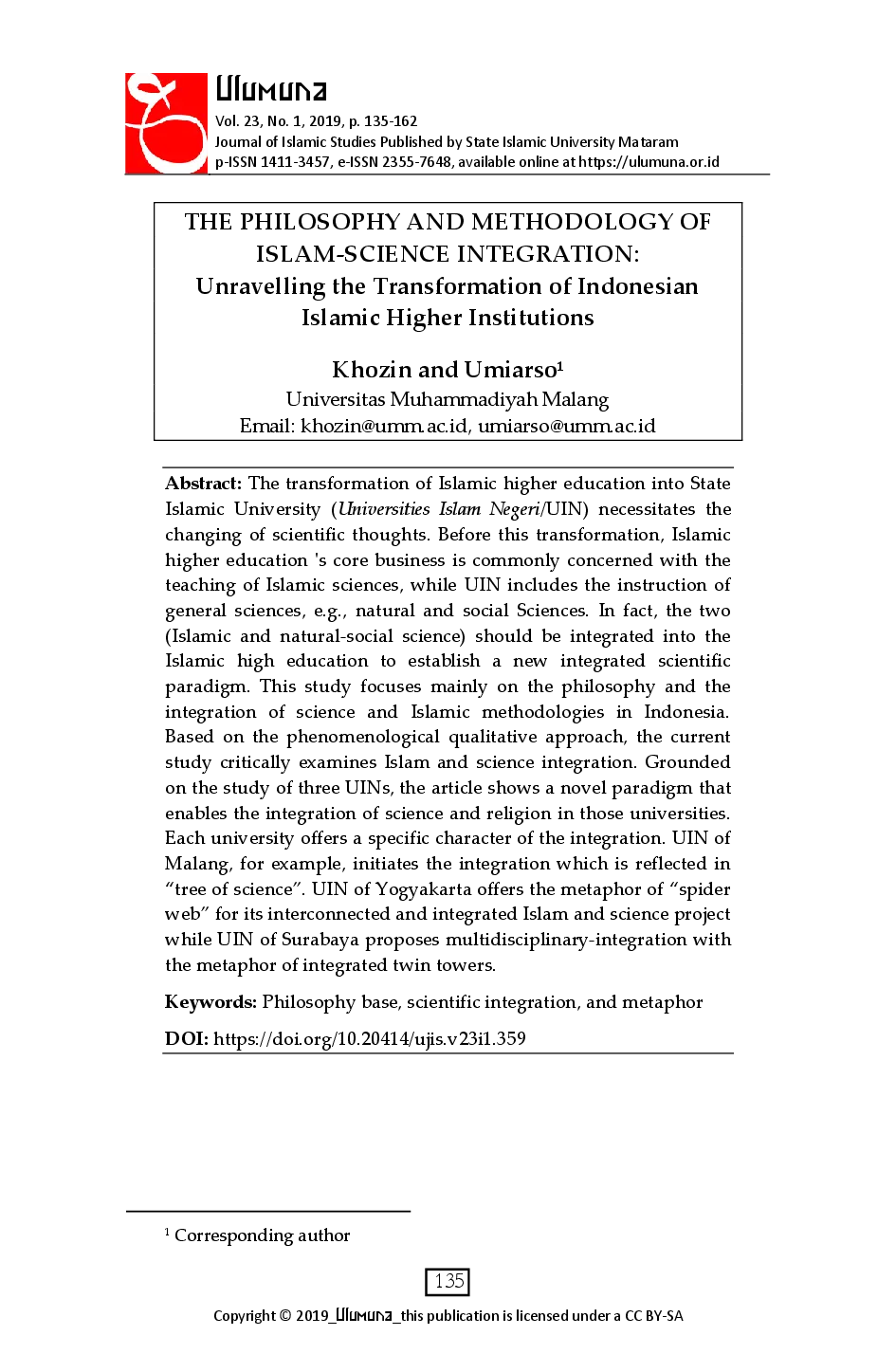 juris The Philosophy and Methodology of Islam Science Integration Unravelling the Transformation of Indonesian Islamic Higher Institutions