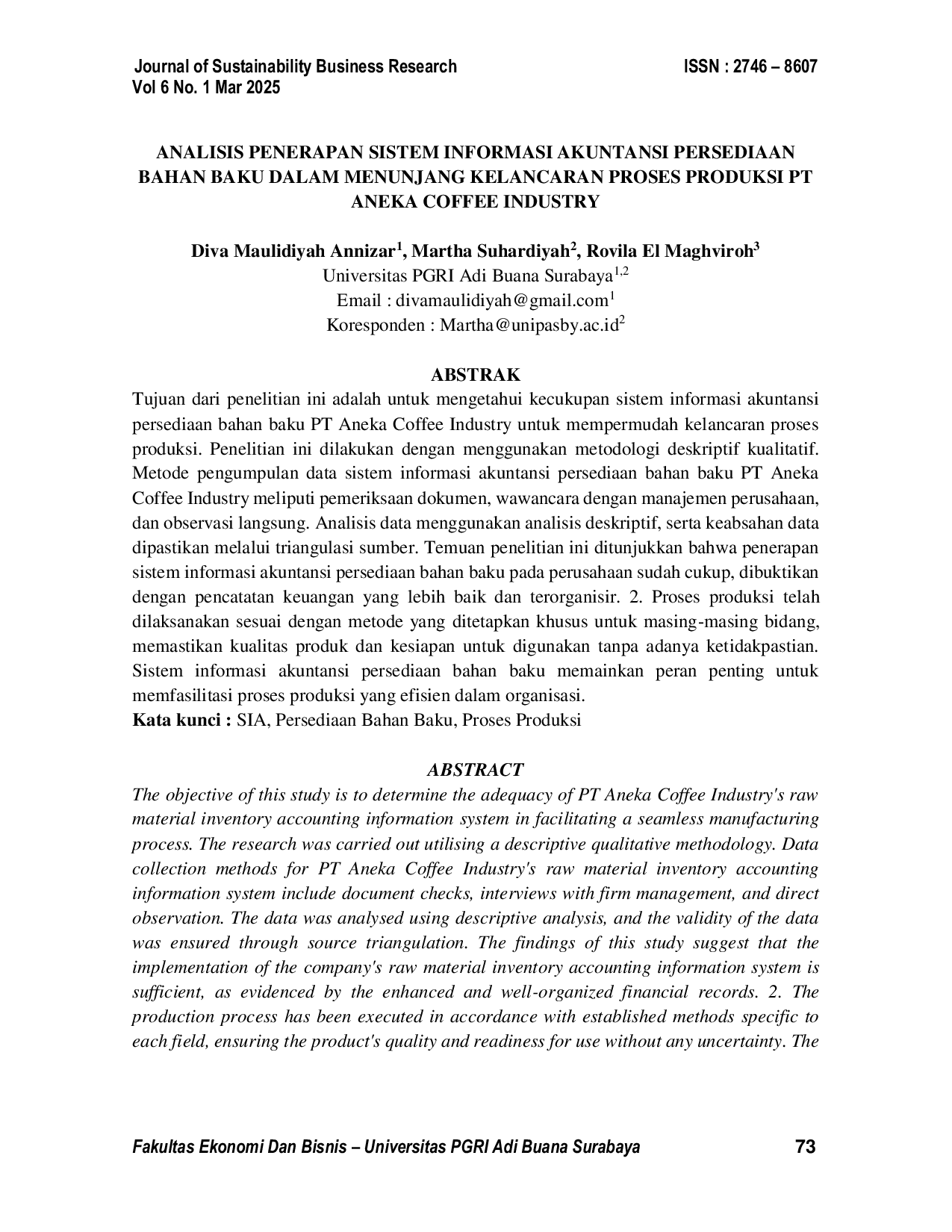 JURIS Analisis Penerapan Sistem Informasi Akuntansi Persediaan Bahan Baku Dalam Menunjang Kelancaran Proses Produksi Pt Aneka Coffee Industry
