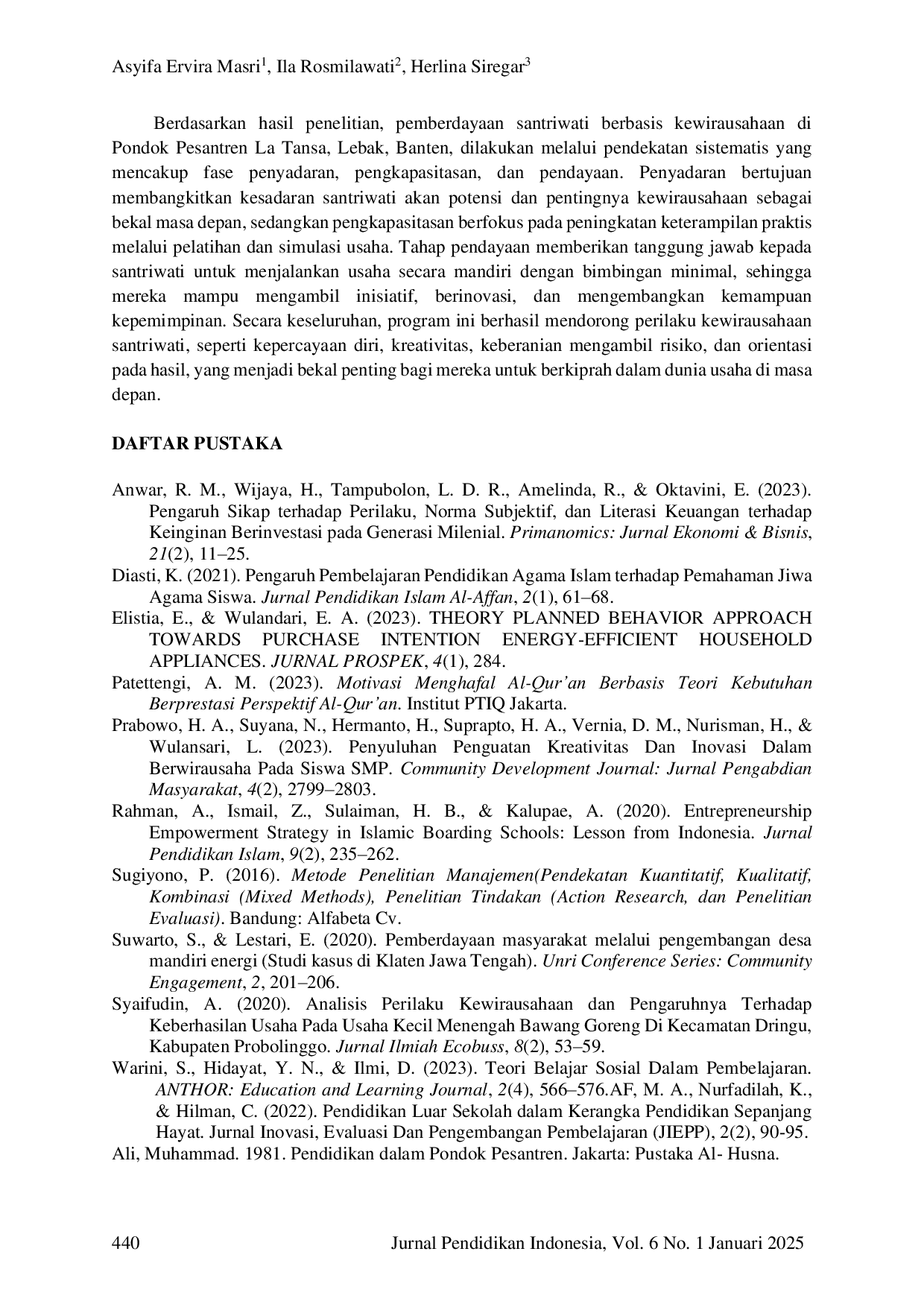 JURIS Pemberdayaan Santri Berbasis Kewirausahaan Guna Meningkatkan Perilaku Berwirausaha Para Santriwati Tingkat SMP SMA Di Pondok Pesantren La Tansa Lebak Banten