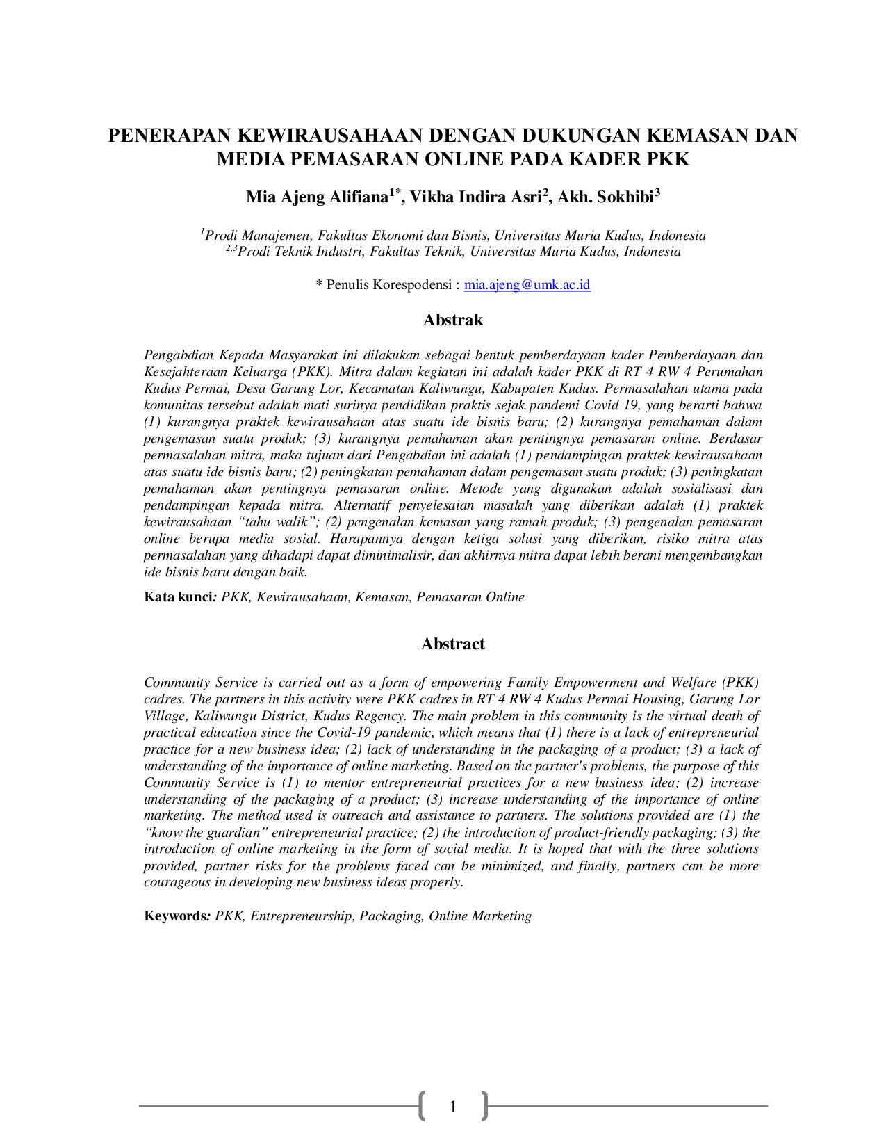 JURIS Penerapan Kewirausahaan dengan Dukungan Kemasan dan Media Pemasaran Online pada Kader PKK