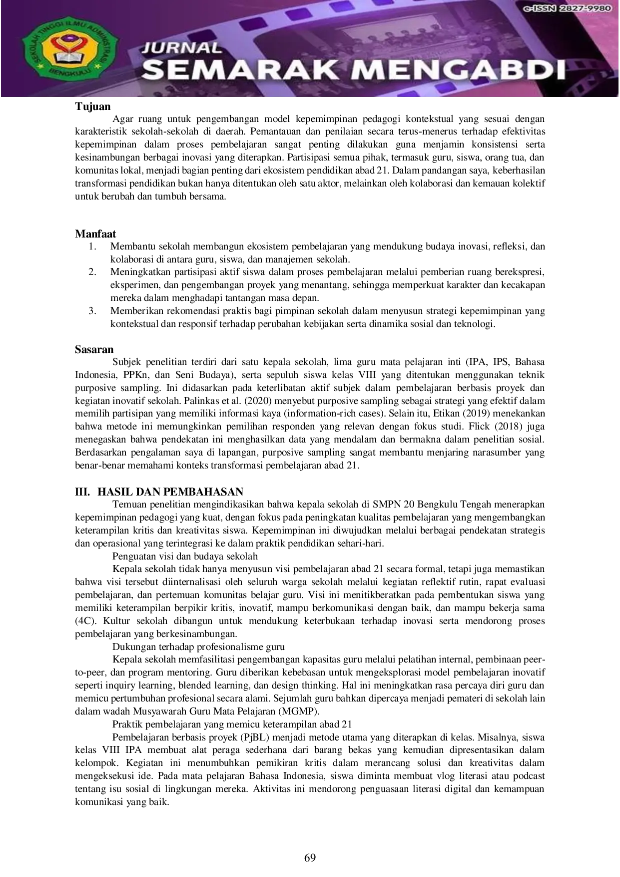 JURIS Kepemimpinan Pedagogi yang Berfokus Pada Keterampilan Kritikal dan Kreativitas Siswa di Abad 21 Pada SMPN 20 Bengkulu Tengah