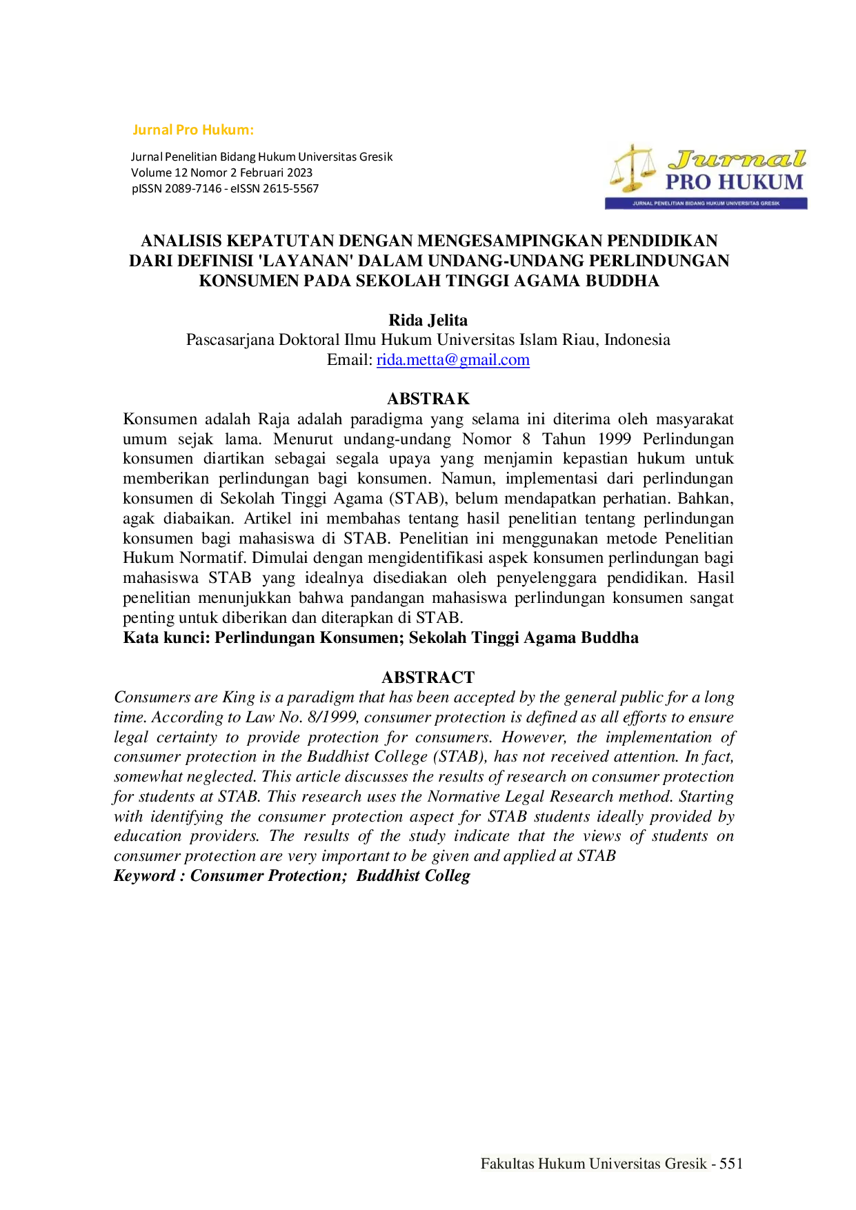 JURIS Analisis Kepatutan Dengan Mengesampingkan Pendidikan Dari Definisi Layanan Dalam Undang Undang Perlindungan Konsumen Pada Sekolah Tinggi Agama Buddha