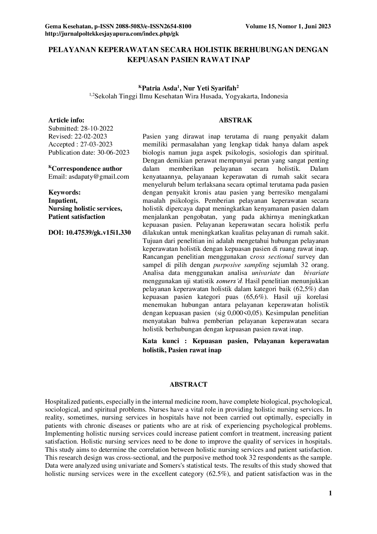 juris Pelayanan Keperawatan Secara Holistik Berhubungan dengan Kepuasan Pasien Rawat Inap