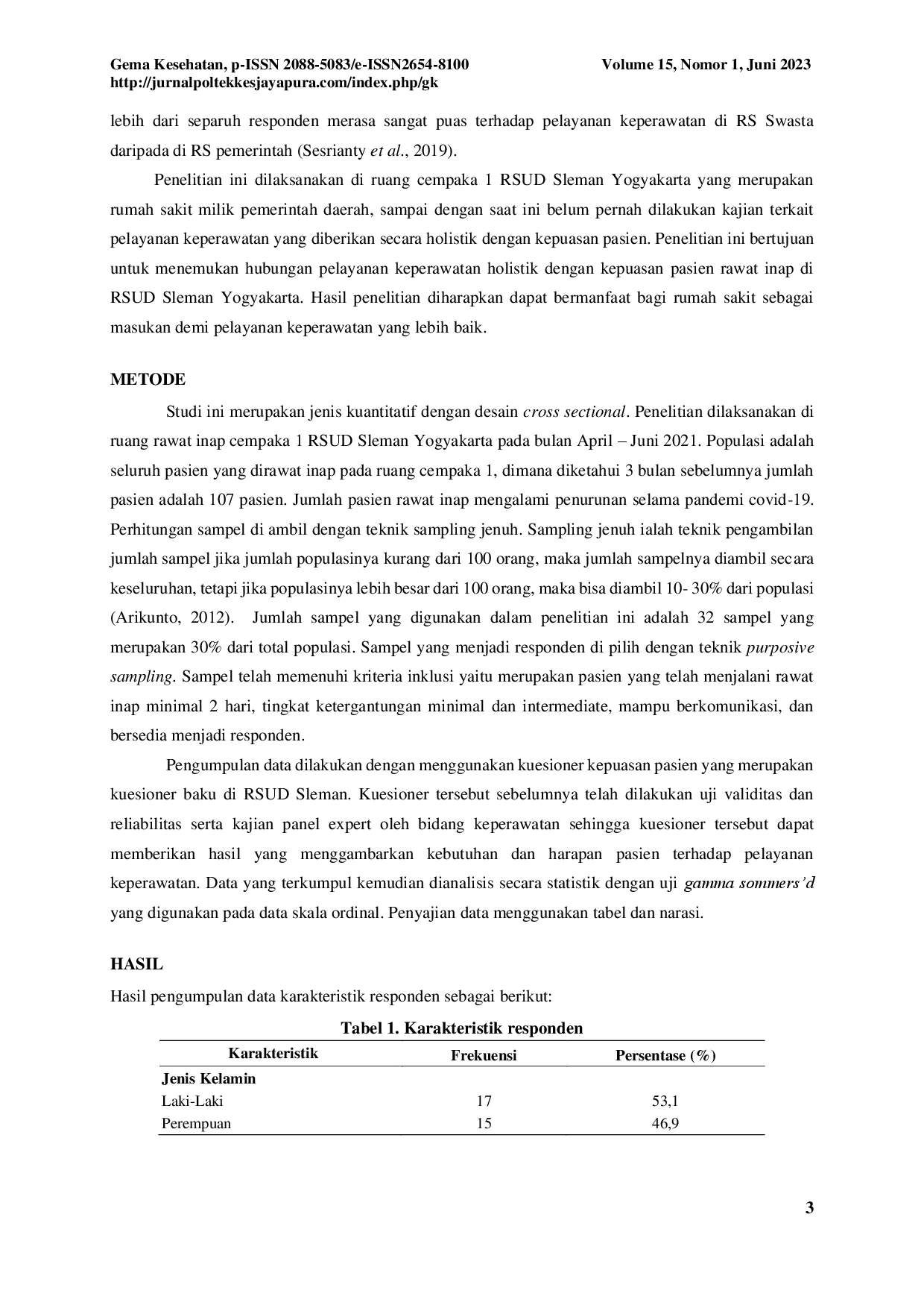 juris Pelayanan Keperawatan Secara Holistik Berhubungan dengan Kepuasan Pasien Rawat Inap