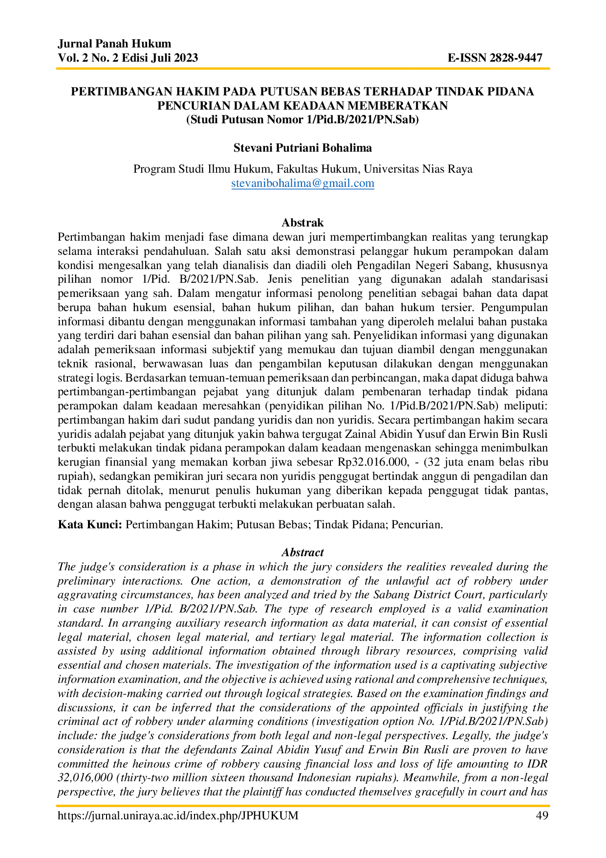 JURIS Pertimbangan Hakim Pada Putusan Bebas Terhadap Tindak Pidana Pencurian Dalam Keadaan Memberatkan Studi Putusan Nomor 1 Pid B 2021 PN Sab