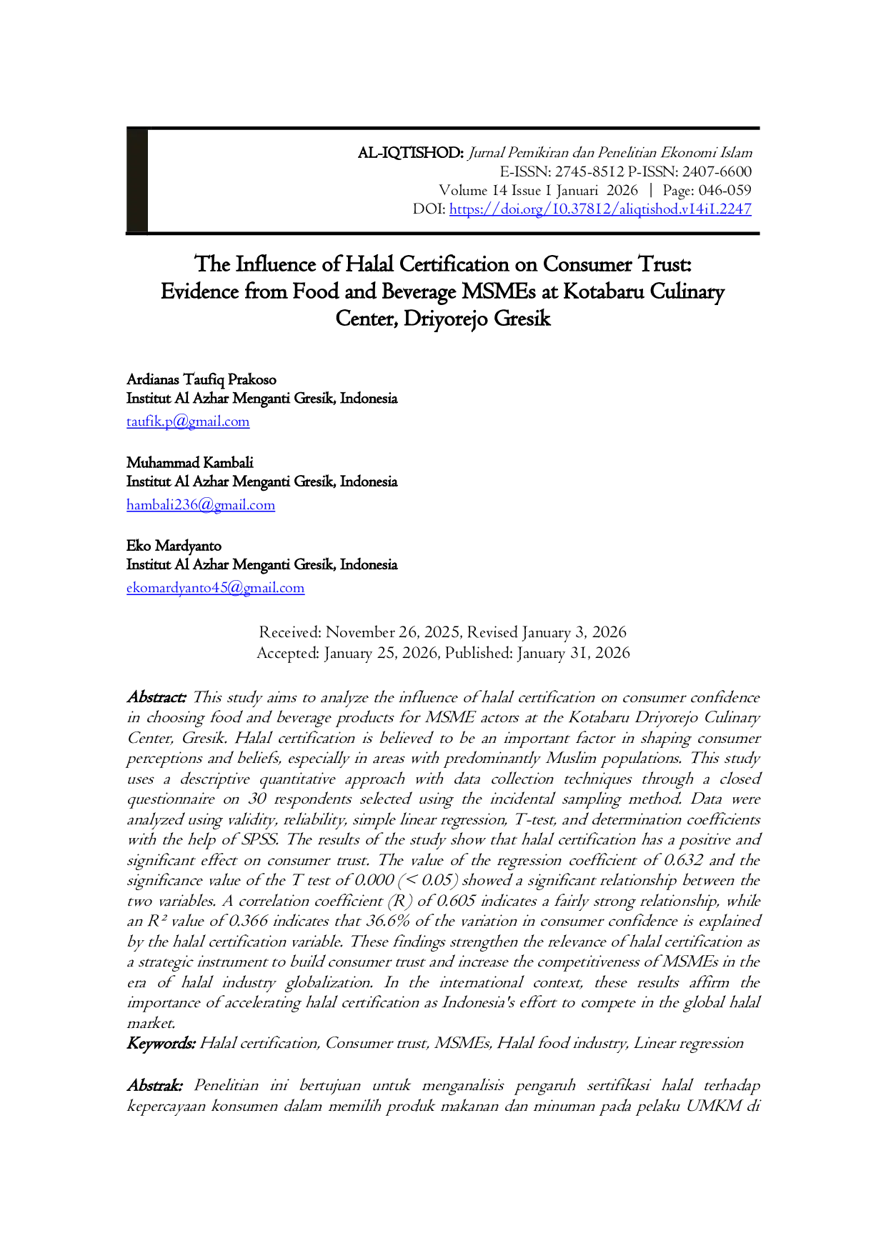 JURIS The Influence of Halal Certification on Consumer Trust Evidence from Food and Beverage MSMEs at Kotabaru Culinary Center Driyorejo Gresik
