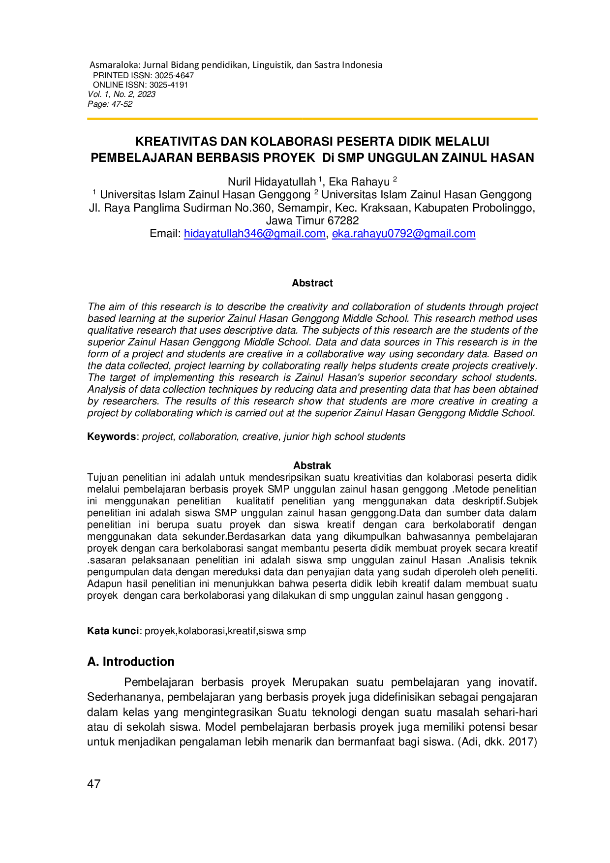JURIS Kreativitas Dan Kolaborasi Peserta Didik Melalui Pembelajaran Berbasis Proyek Di SMP Unggulan Zainul Hasan