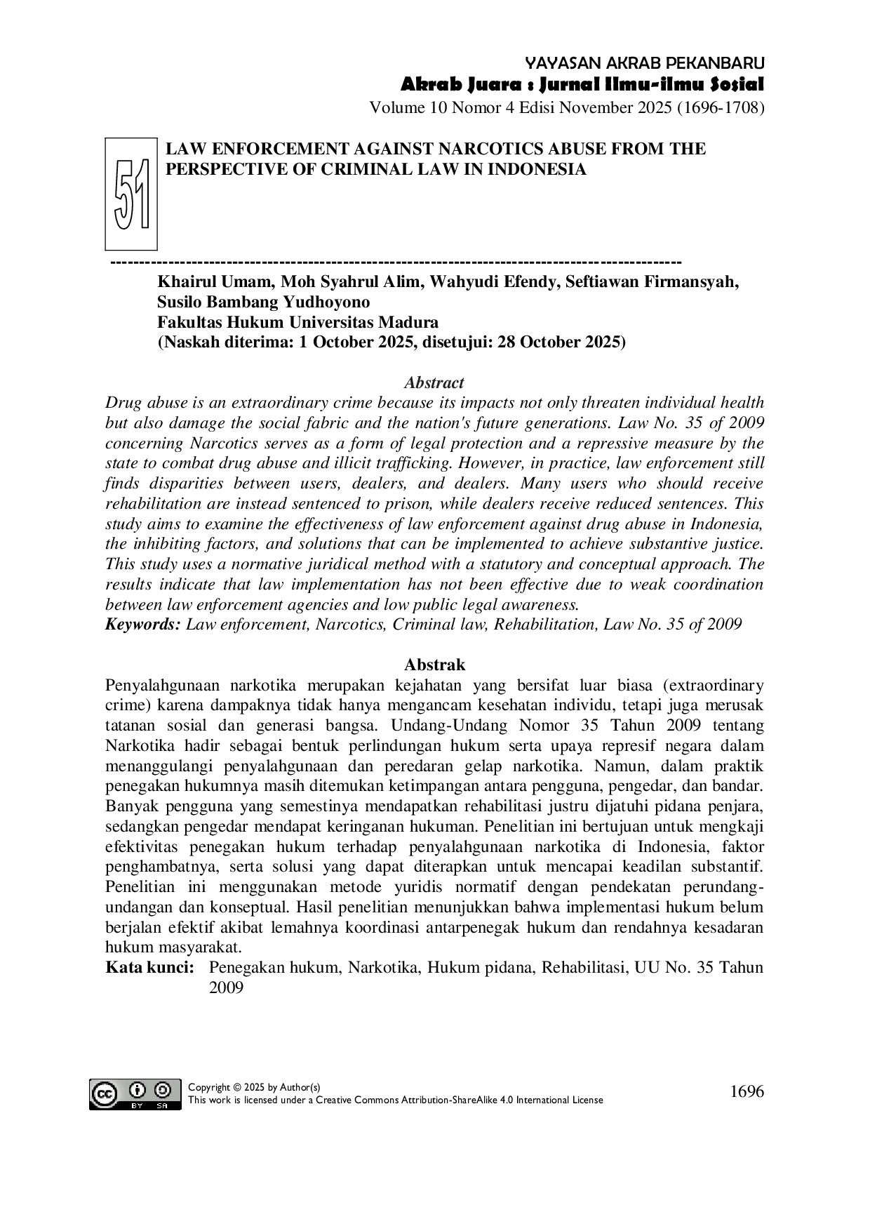 JURIS Penegakan Hukum Terhadap Penyalahgunaan Narkotika Di Indonesia Dalam Perspektif Hukum Pidana