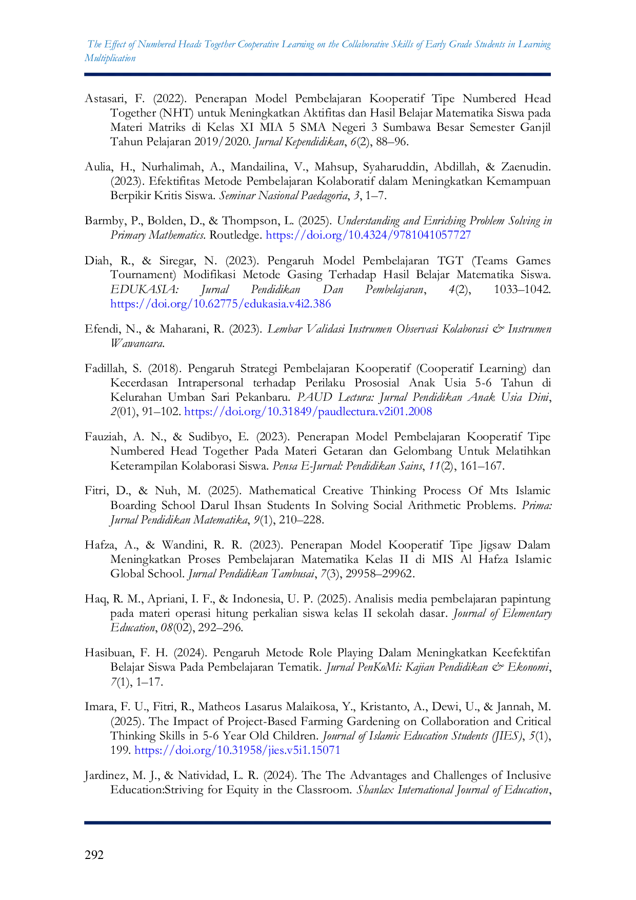 JURIS The Effect of Numbered Heads Together Cooperative Learning on the Collaborative Skills of Early Grade Students in Learning Multiplication
