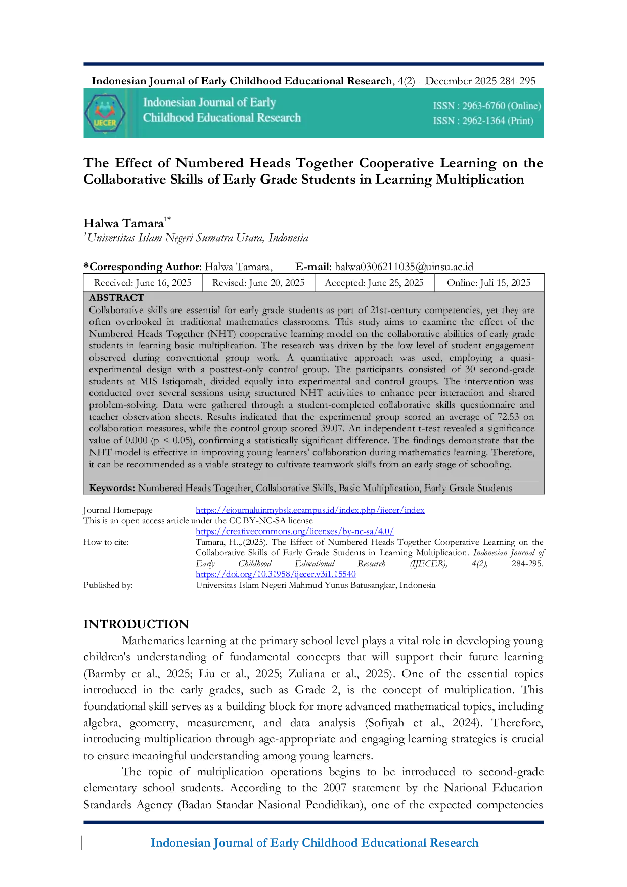 JURIS The Effect of Numbered Heads Together Cooperative Learning on the Collaborative Skills of Early Grade Students in Learning Multiplication