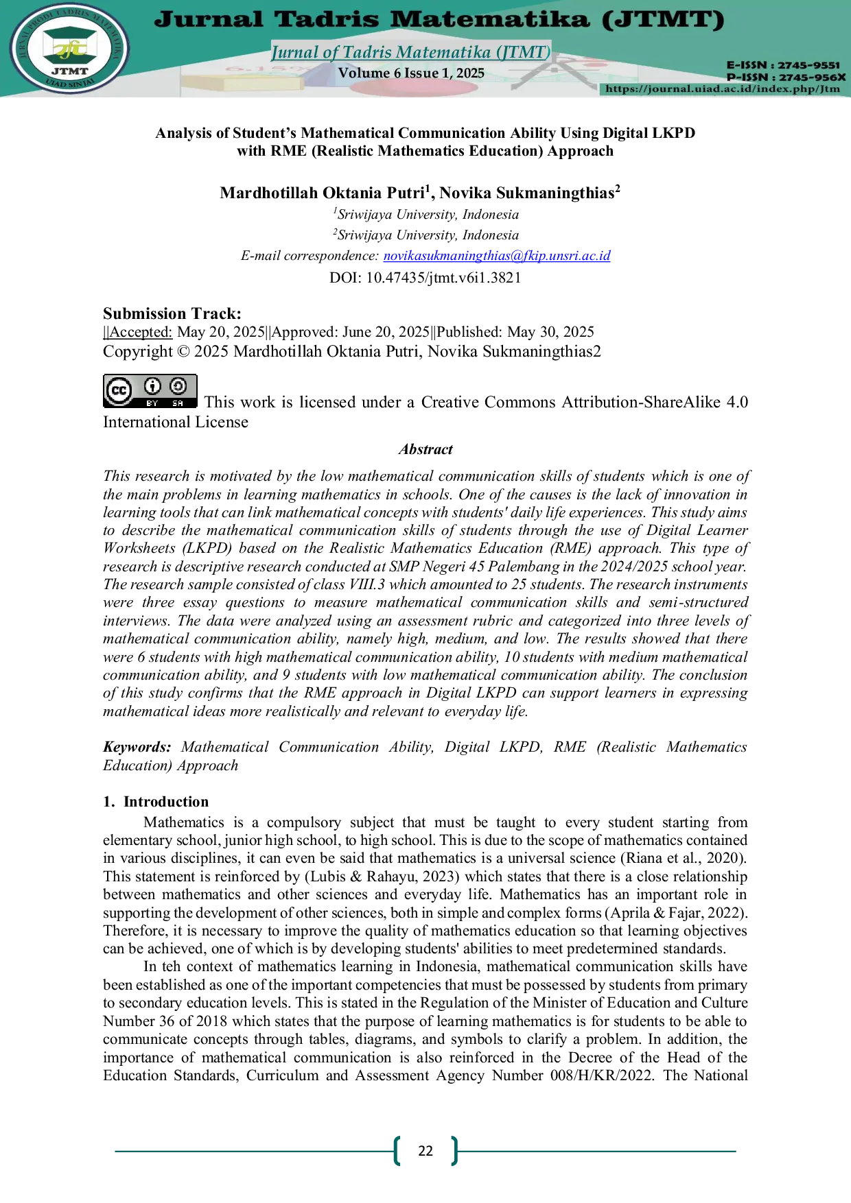JURIS Analysis of Student s Mathematical Communication Ability Using Digital LKPD with RME Realistic Mathematics Education Approach