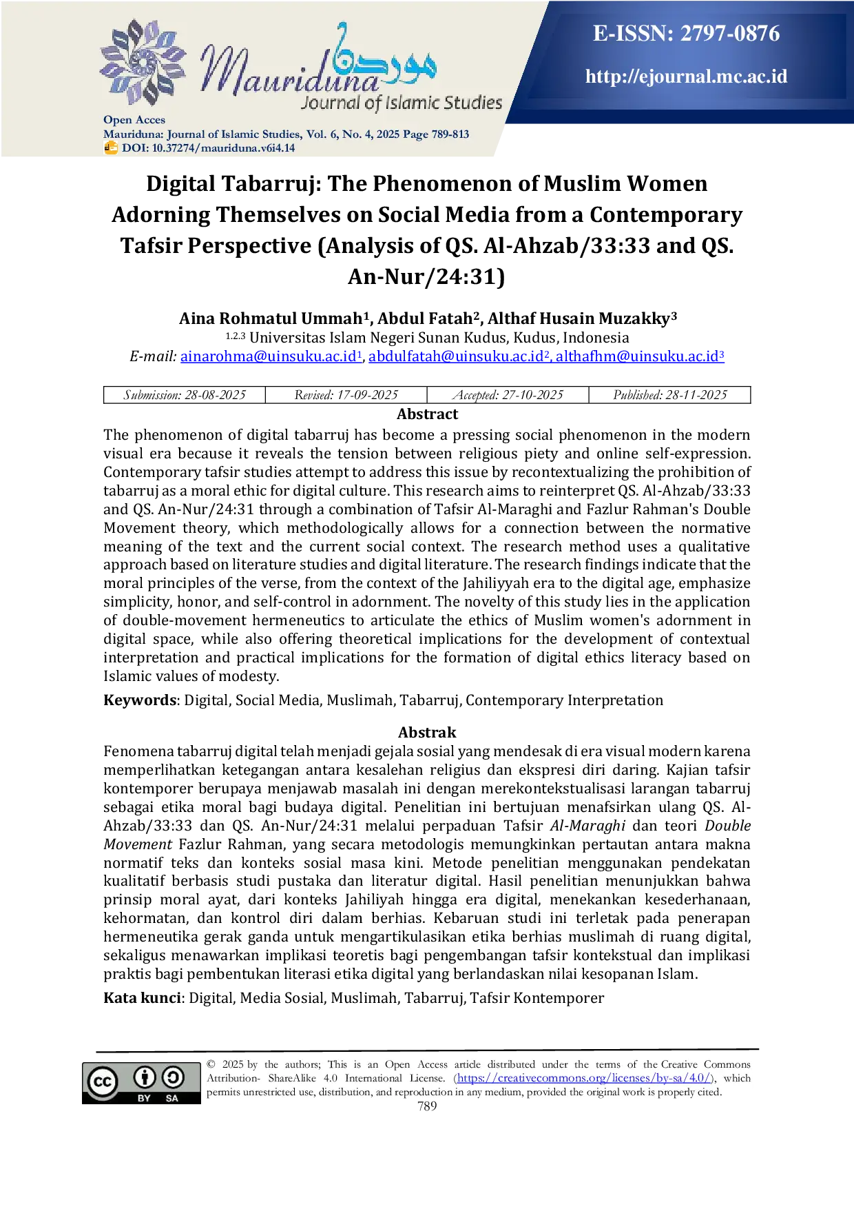 JURIS Digital Tabarruj The Phenomenon of Muslim Women Adorning Themselves on Social Media from a Contemporary Tafsir Perspective Analysis of QS Al Ahzab 33 33 and QS An Nur 24 31