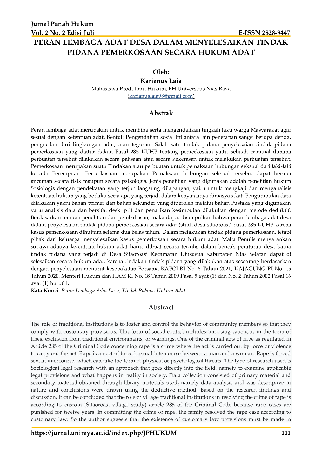 JURIS Peran Lembaga Adat Desa Dalam Menyelesaikan Tindak Pidana Pemerkosaan Secara Hukum Adat