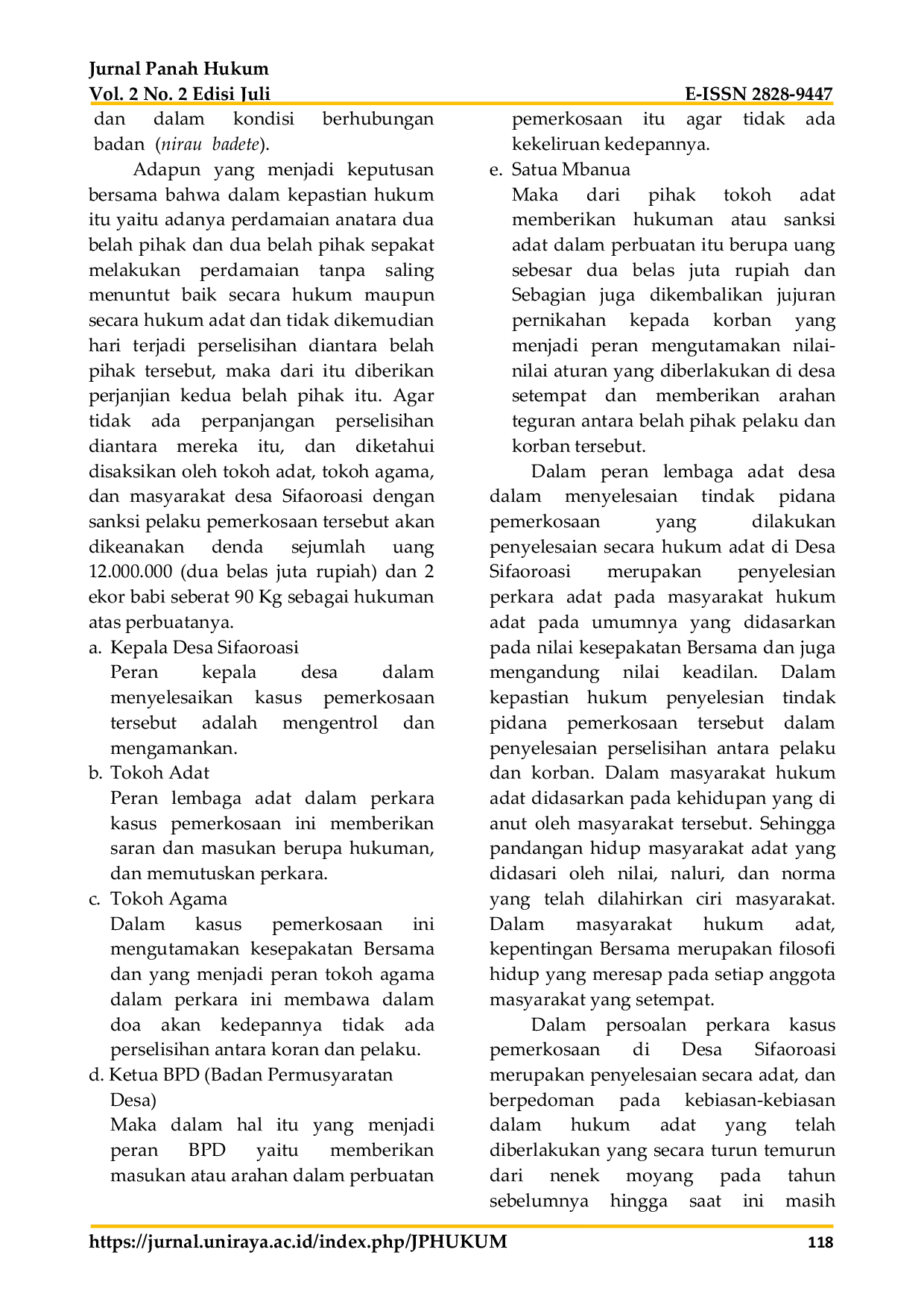 JURIS Peran Lembaga Adat Desa Dalam Menyelesaikan Tindak Pidana Pemerkosaan Secara Hukum Adat