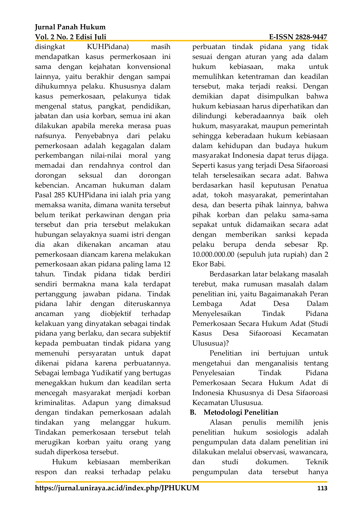 JURIS Peran Lembaga Adat Desa Dalam Menyelesaikan Tindak Pidana Pemerkosaan Secara Hukum Adat