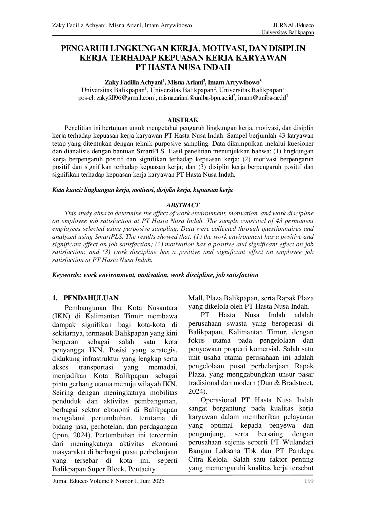 JURIS Pengaruh Lingkungan Kerja Motivasi Dan Disiplin Kerja Terhadap Kepuasan Kerja Karyawan PT Hasta Nusa Indah