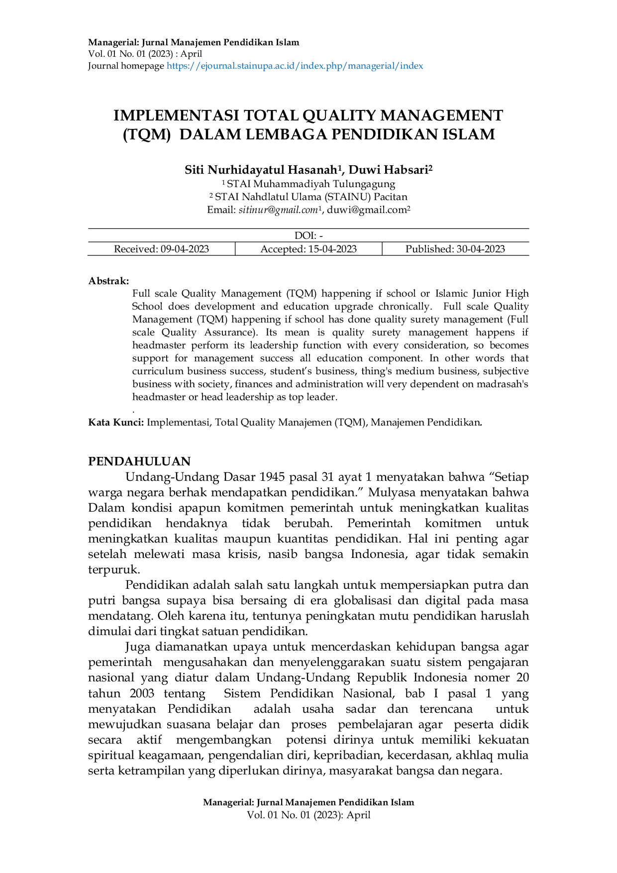 JURIS Implementasi Total Quality Management TQM Dalam Lembaga Pendidikan Islam