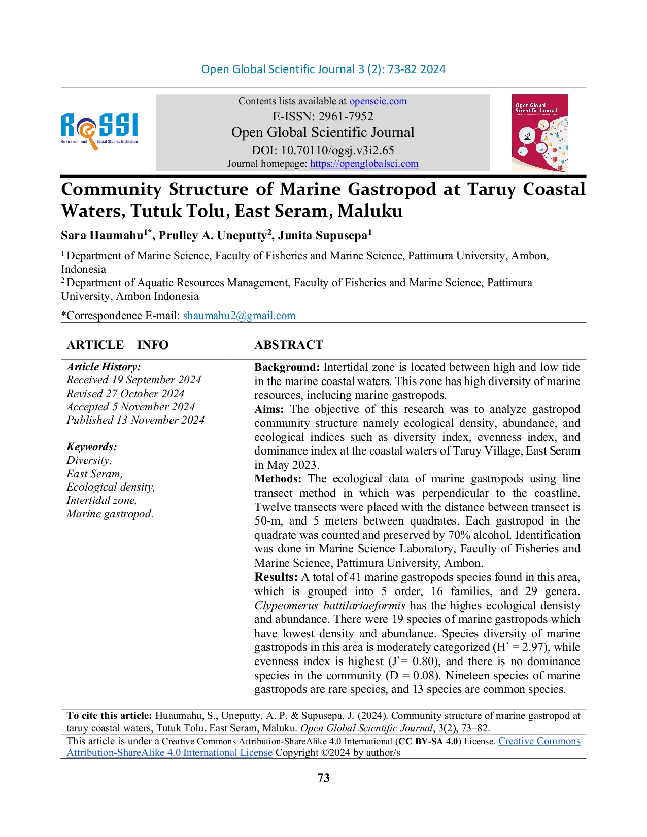 JURIS Community Structure of Marine Gastropod at Taruy Coastal Waters Tutuk Tolu East Seram Maluku