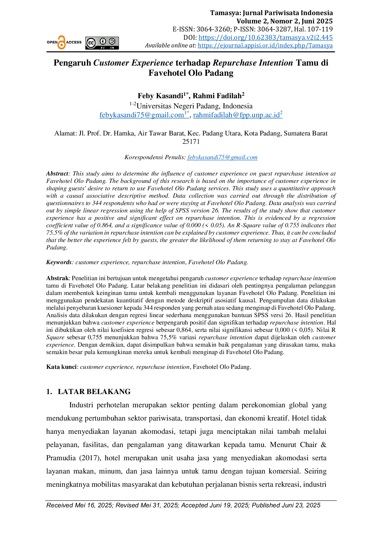 JURIS Pengaruh Customer Experience terhadap Repurchase Intention Tamu di Favehotel Olo Padang