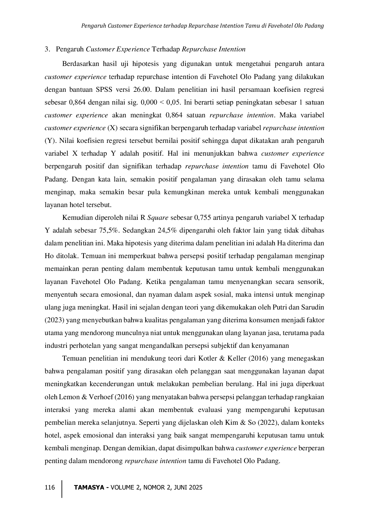 JURIS Pengaruh Customer Experience terhadap Repurchase Intention Tamu di Favehotel Olo Padang
