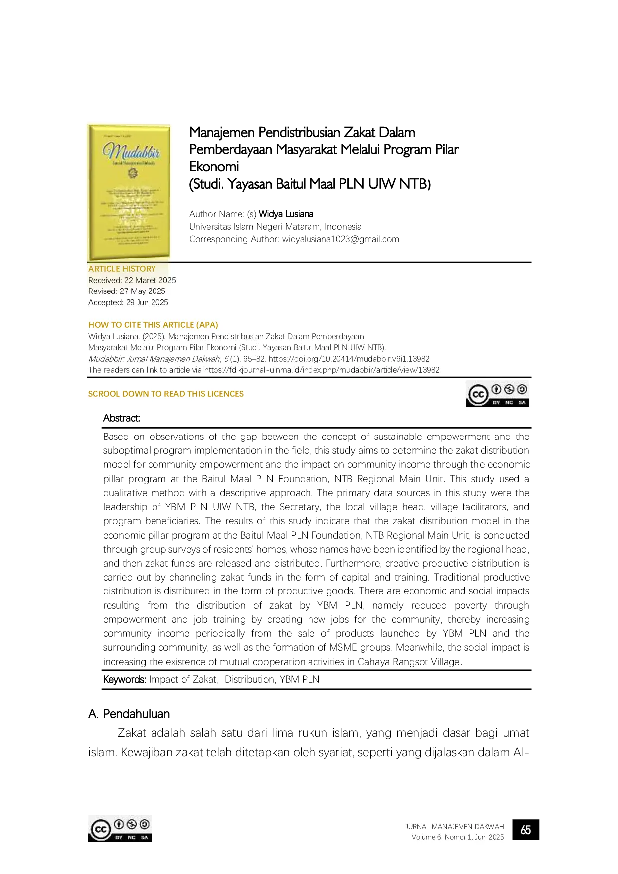 JURIS Manajemen Pendistribusian Zakat Dalam Pemberdayaan Masyarakat Melalui Program Pilar Ekonomi Studi Yayasan Baitul Maal PLN UIW NTB