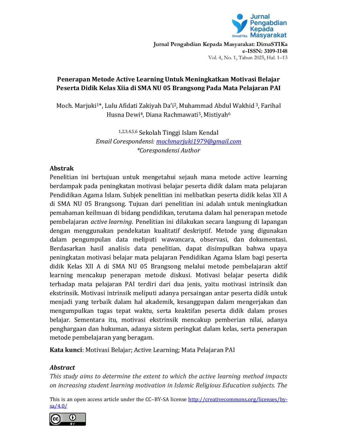 JURIS Penerapan Metode Active Learning Untuk Meningkatkan Motivasi Belajar Peserta Didik Kelas Xiia di SMA NU 05 Brangsong Pada Mata Pelajaran PAI