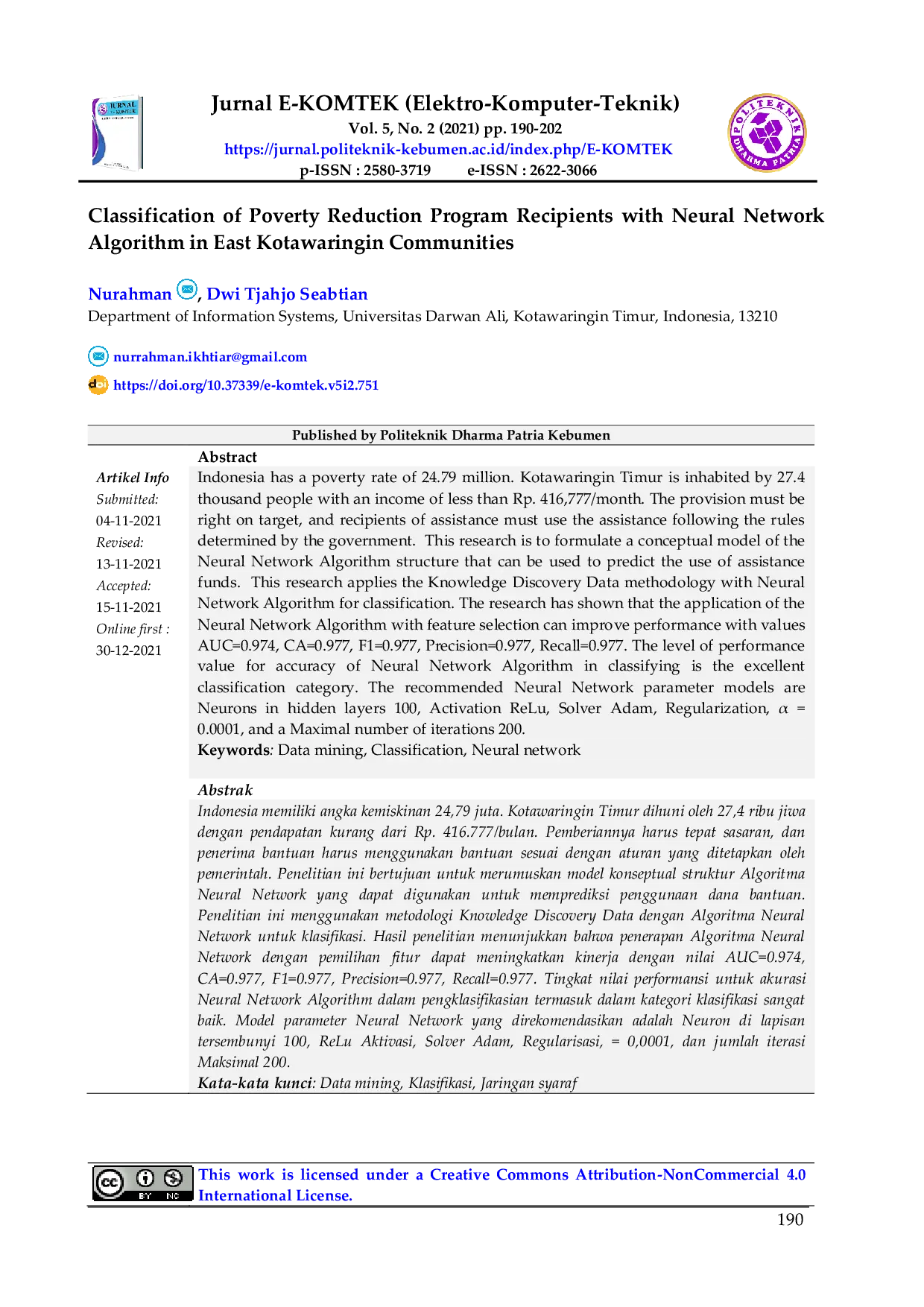 JURIS Classification Of Poverty Reduction Program Recipients With Neural Network Algorithm In East Kotawaringin Communities