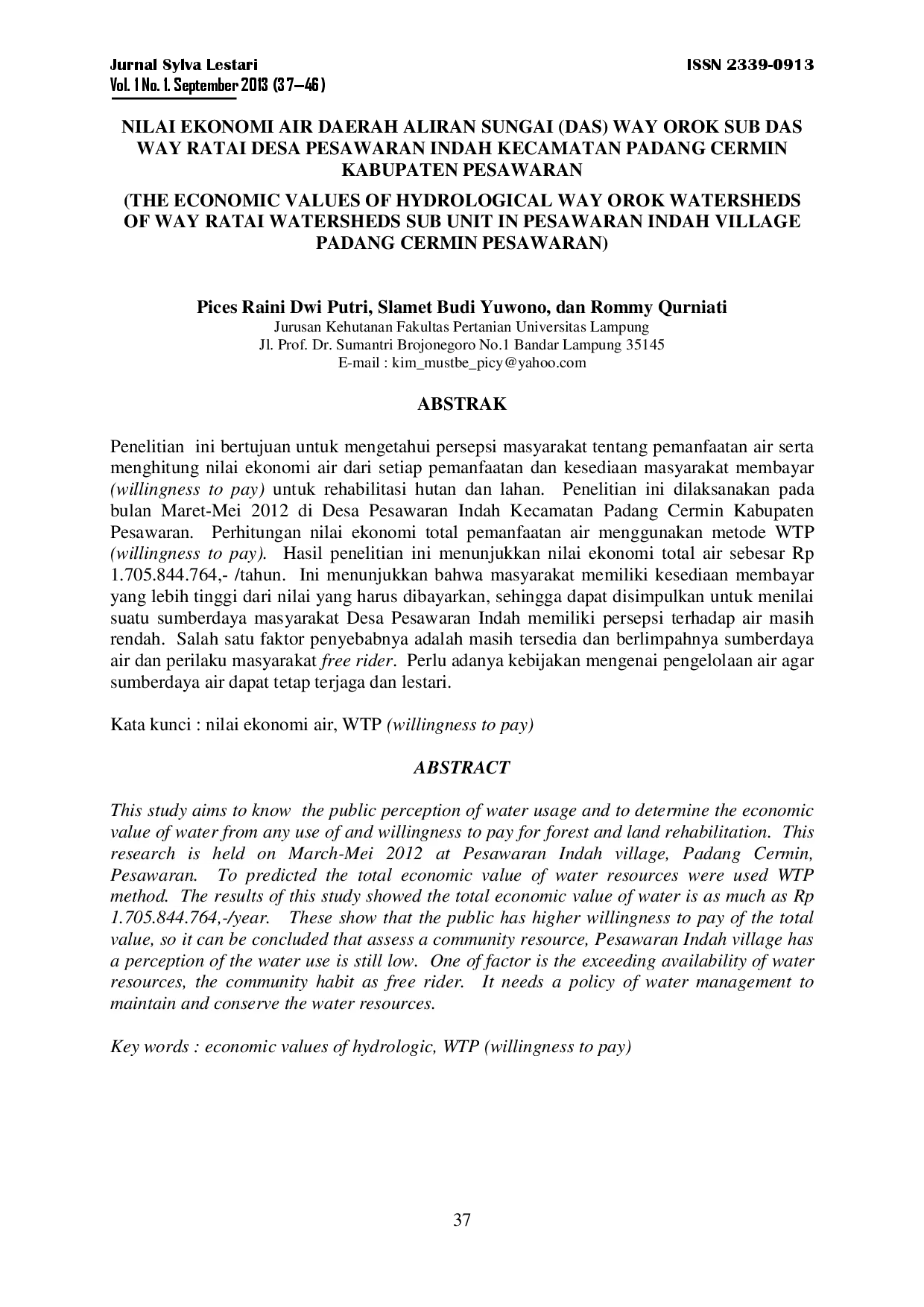 juris Nilai Ekonomi Air Daerah Aliran Sungai Das Way Orok Sub Das Way Ratai Desa Pesawaran Indah Kecamatan Padang Cermin Kabupaten Pesawaran