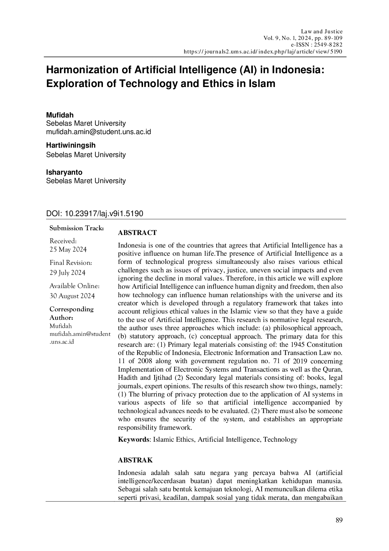 JURIS Harmonization of Artificial Intelligence Ai in Indonesia Exploration of Technology And Ethics in Islam