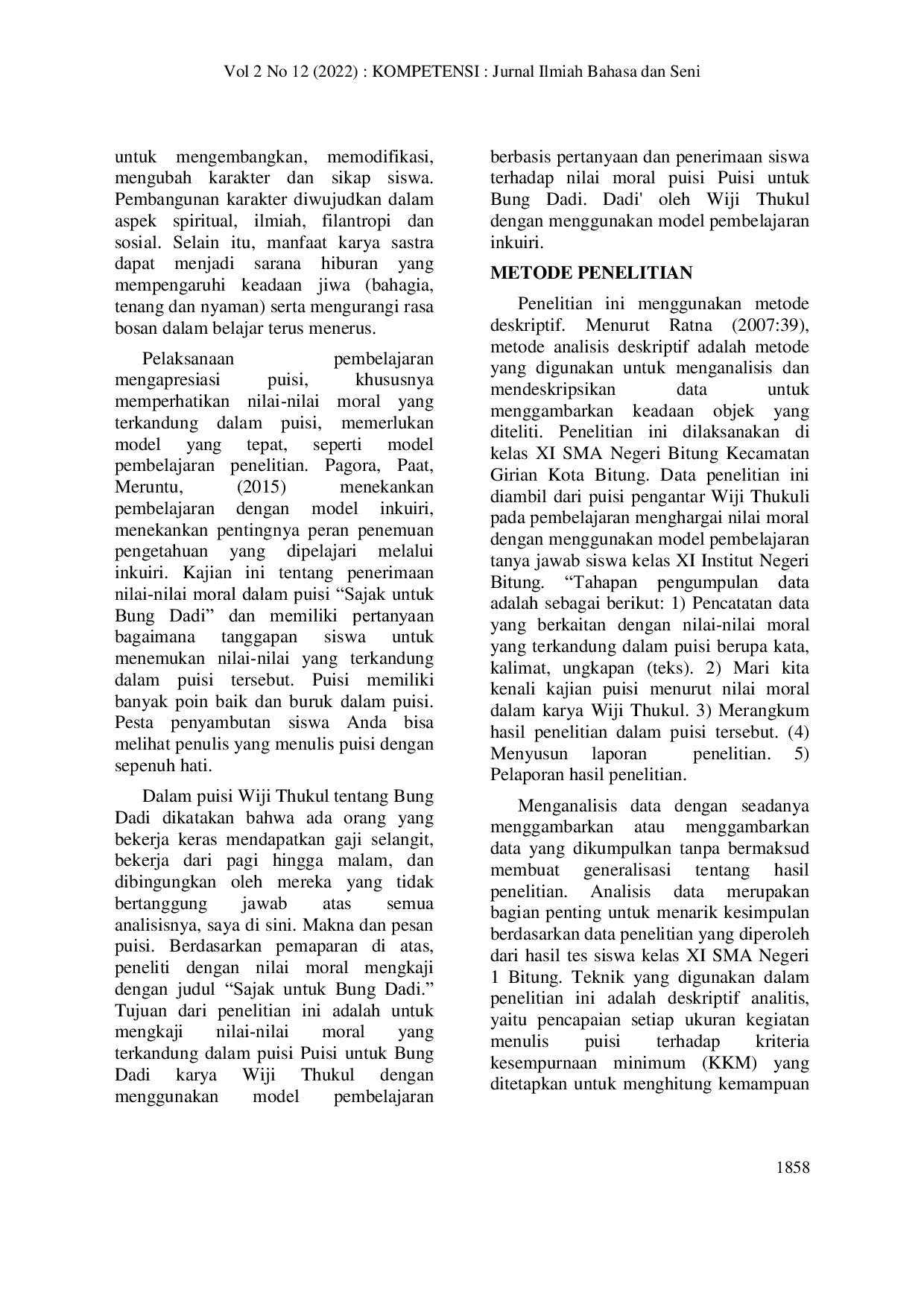 JURIS Resepsi Nilai Nilai Moral Pada Puisi Sajak Kepada Bung Dadi Karya Wiji Thukul Dengan Penerapan Model Pembelajaran Inkuiri