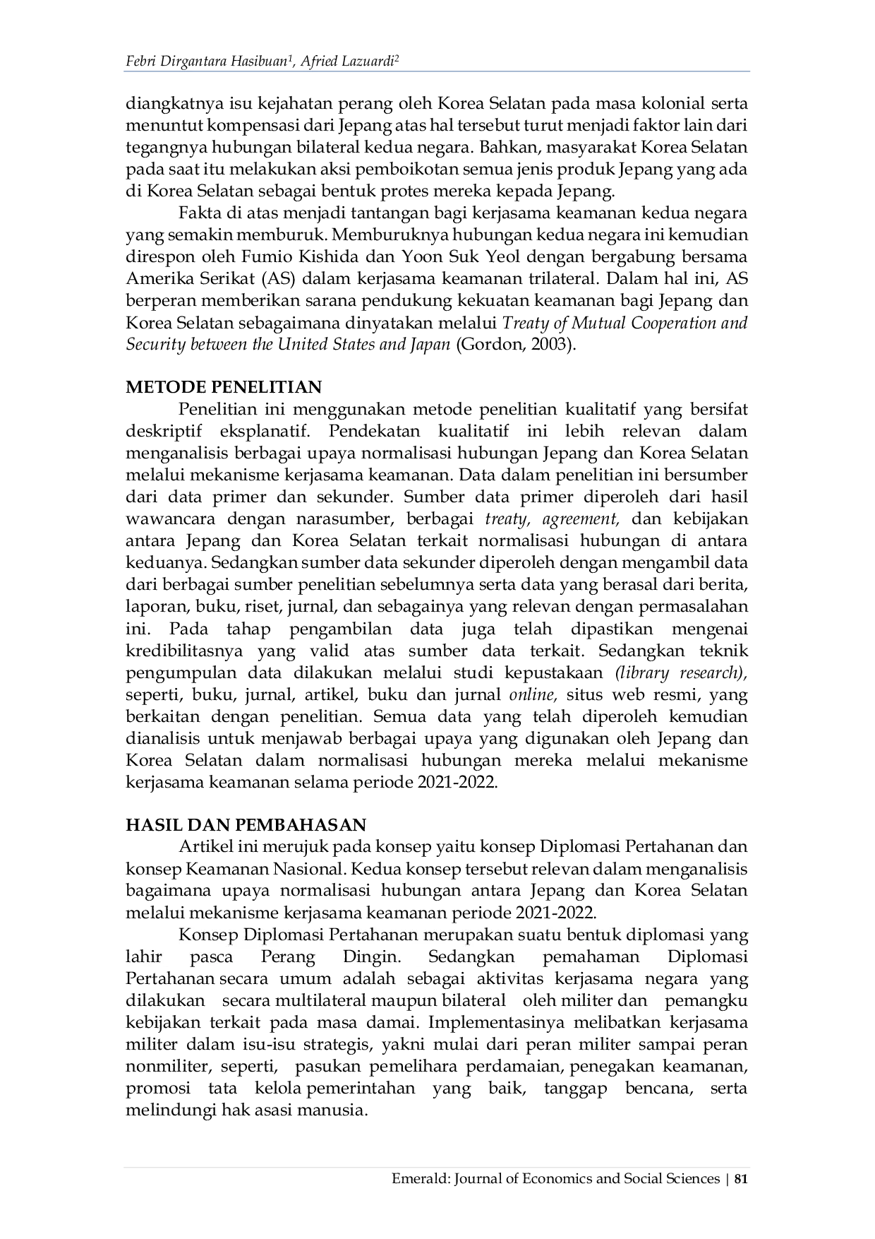 JURIS Upaya Normalisasi Hubungan Jepang dan Korea Selatan Melalui Mekanisme Kerjasama Keamanan Periode 2021 2022