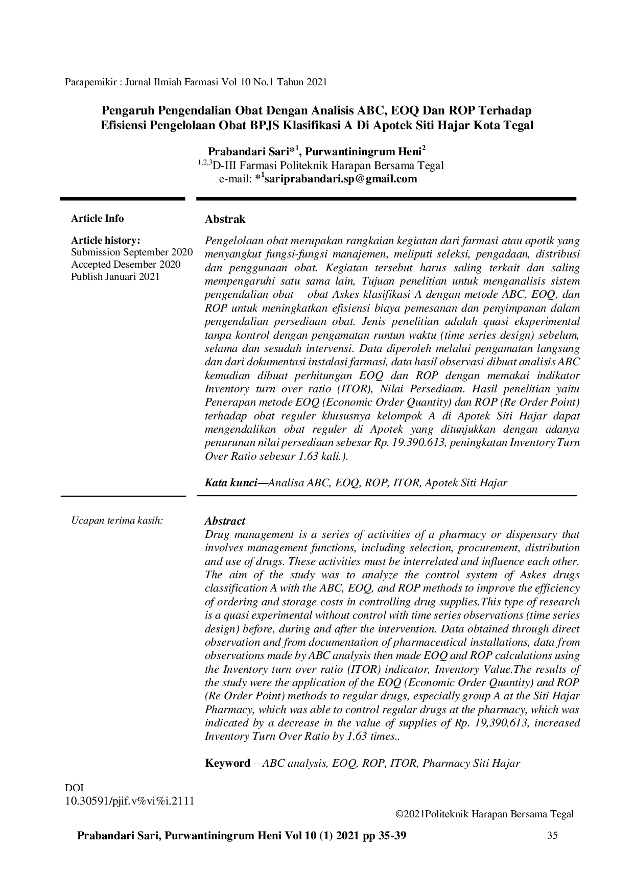 JURIS Pengaruh Pengendalian Obat Dengan Analisis Abc Eoq Dan Rop Terhadap Efisiensi Pengelolaan Obat Bpjs Klasifikasi A Di Apotek Siti Hajar Kota Tegal