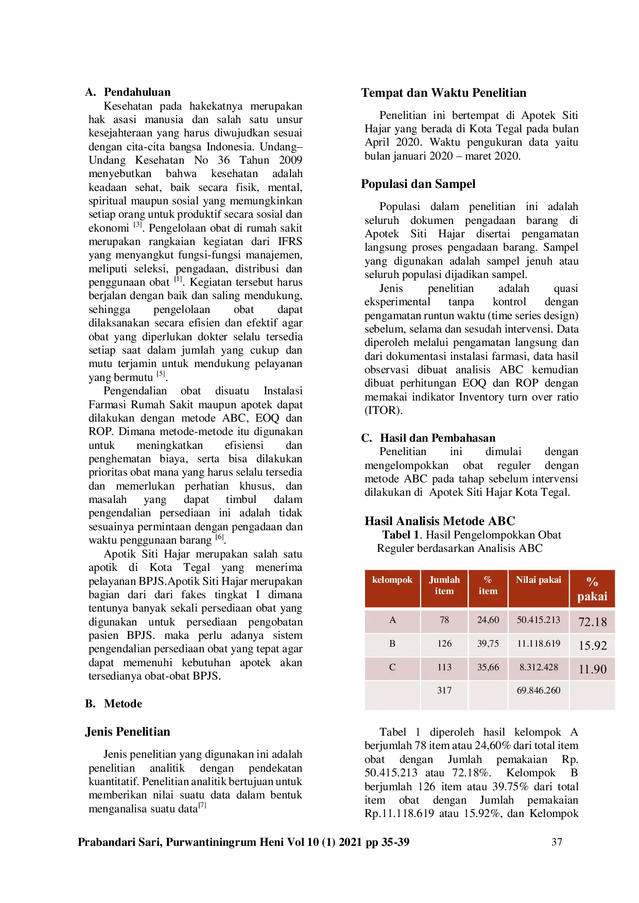 JURIS Pengaruh Pengendalian Obat Dengan Analisis Abc Eoq Dan Rop Terhadap Efisiensi Pengelolaan Obat Bpjs Klasifikasi A Di Apotek Siti Hajar Kota Tegal