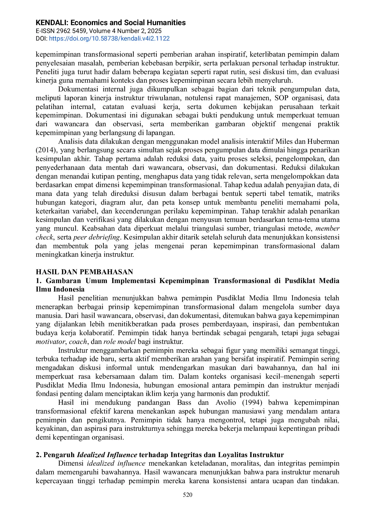 JURIS Peran Kepemimpinan Transformasional Terhadap Kinerja Instruktur Pada Pusdiklat Media Ilmu Indonesia