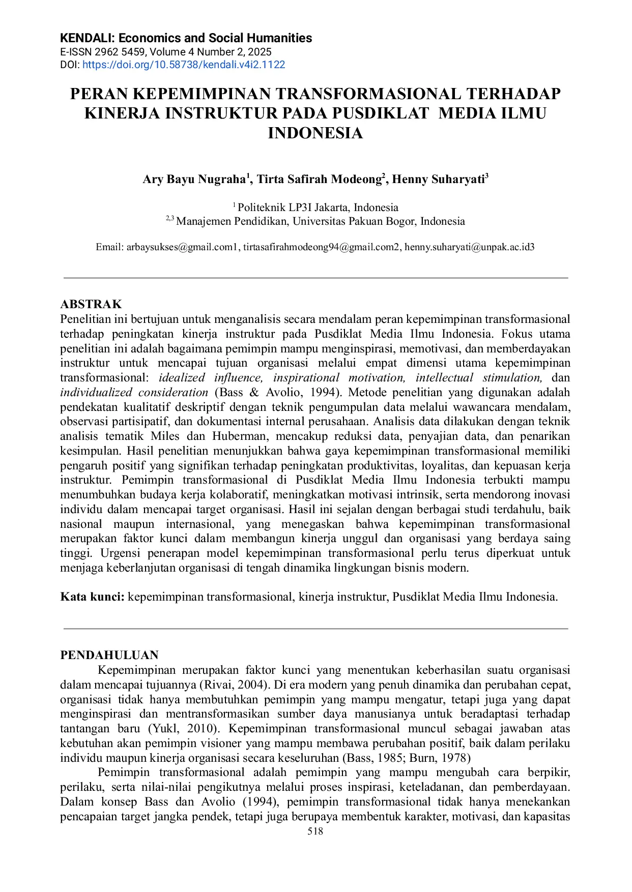 JURIS Peran Kepemimpinan Transformasional Terhadap Kinerja Instruktur Pada Pusdiklat Media Ilmu Indonesia