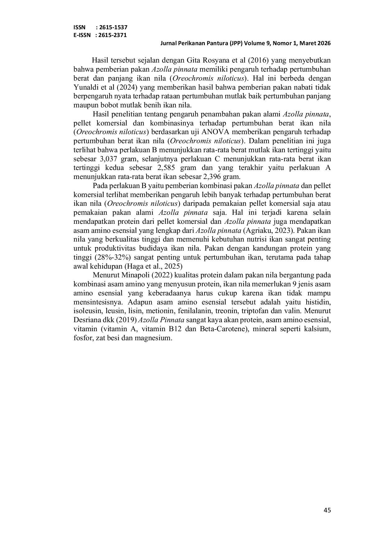 JURIS PENGARUH KOMBINASI PAKAN AZOLLA PINNATA DAN PELLET KOMERSIAL TERHADAP PERTUMBUHAN BERAT DAN KELANGSUNGAN HIDUP IKAN NILA Oreochromis niloticus
