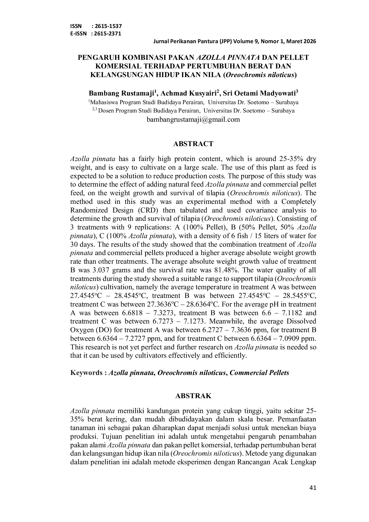 JURIS PENGARUH KOMBINASI PAKAN AZOLLA PINNATA DAN PELLET KOMERSIAL TERHADAP PERTUMBUHAN BERAT DAN KELANGSUNGAN HIDUP IKAN NILA Oreochromis niloticus