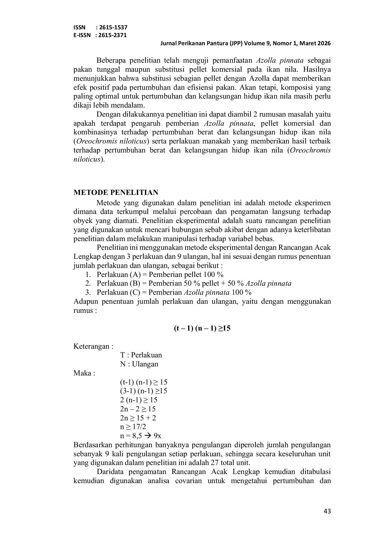 JURIS PENGARUH KOMBINASI PAKAN AZOLLA PINNATA DAN PELLET KOMERSIAL TERHADAP PERTUMBUHAN BERAT DAN KELANGSUNGAN HIDUP IKAN NILA Oreochromis niloticus