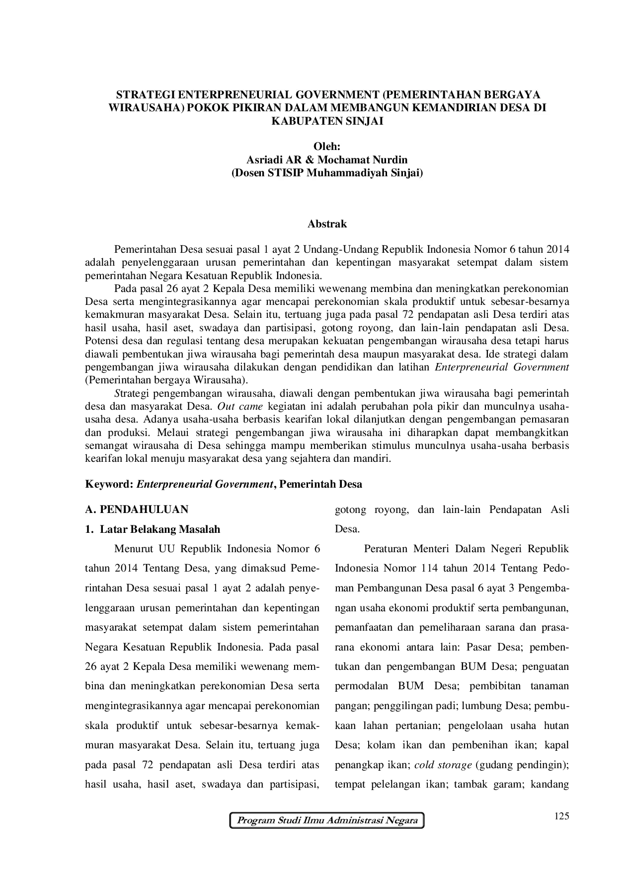 JURIS Strategi Enterpreneurial Government Pemerintahan Bergaya Wirausaha Pokok Pikiran Dalam Membangun Kemandirian Desa Di Kabupaten Sinjai
