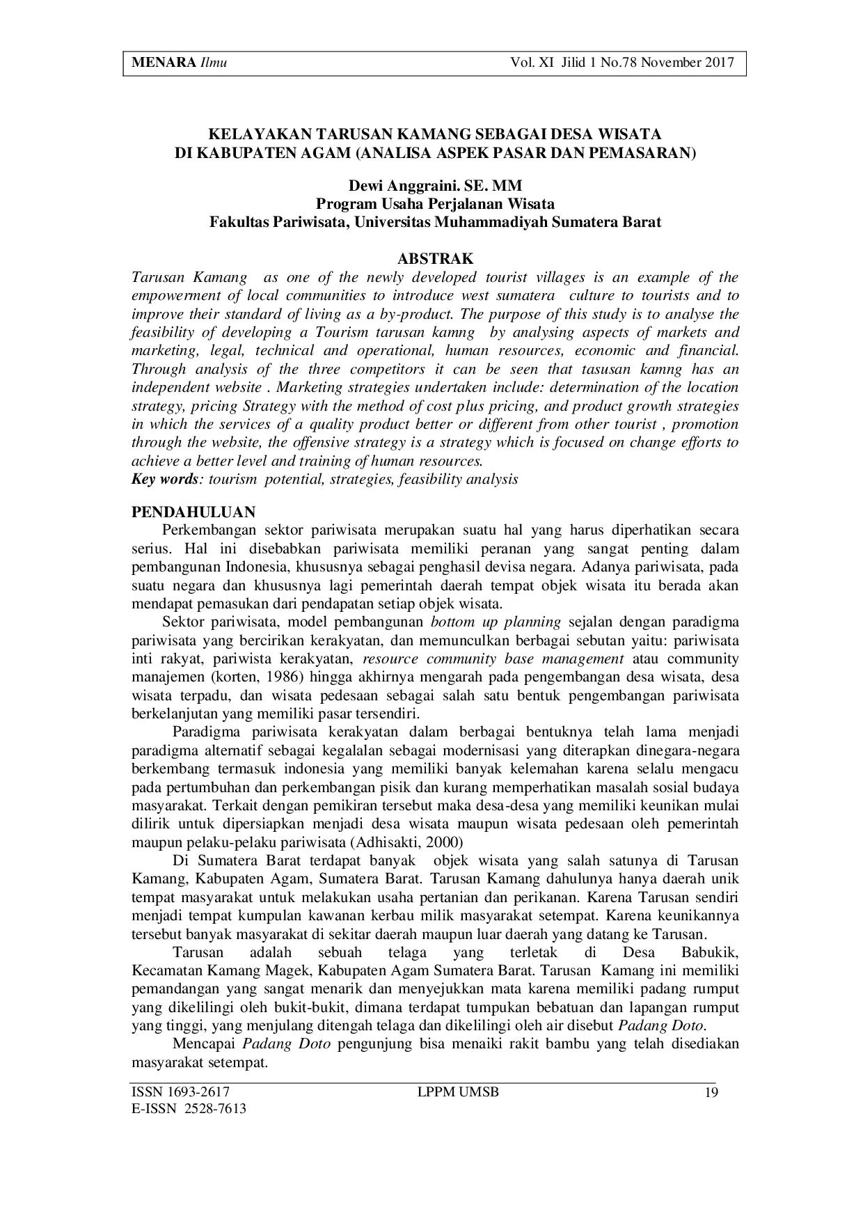 JURIS Kelayakan Tarusan Kamang Sebagai Desa Wisata Di Kabupaten Agam Analisa Aspek Pasar Dan Pemasaran